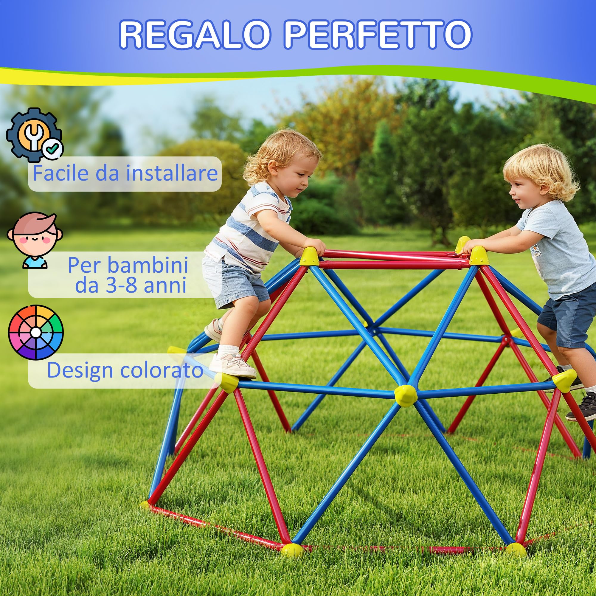 Outsunny Cupola per Arrampicata Bambini 3-8 Anni Ø183x90cm Multicolore | Struttura per Arrampicata, per 4 Bambini, in Metallo Anti UV