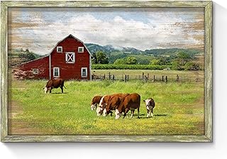 Farmhouse Bedroom Wood Wall Art: Red Barn with Cow Cattle Rustic Framed Artwork Nature Rural Landscape Picture Quiet Countryside Forest Painting Gallery Farm Print for Living Room