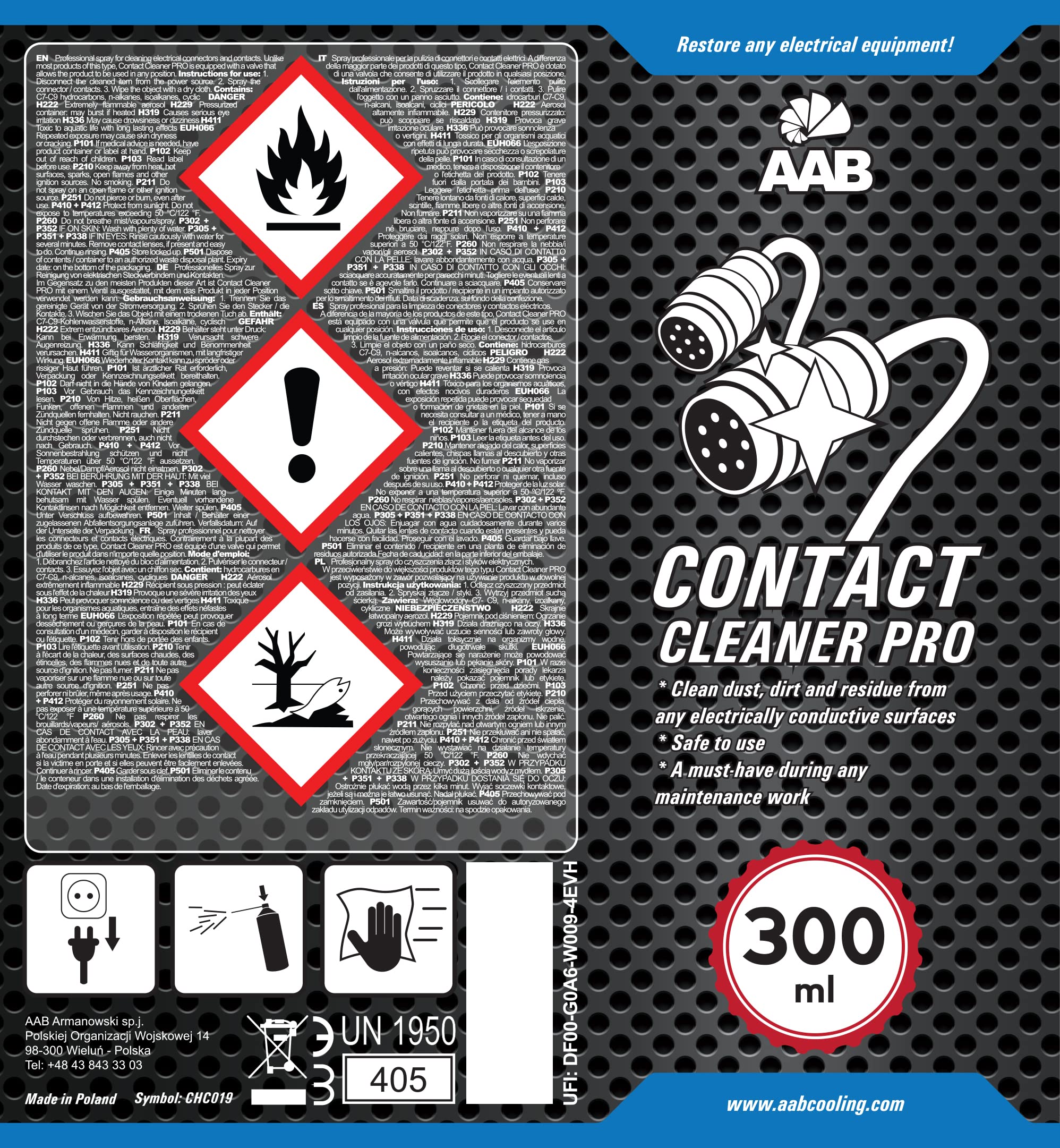AABCOOLING Contact Cleaner PRO 300ml - Detergente per Contatti Elettrici – Spray Saldatura, Spray Elettrico, Antiossidante Circuito Elettrico, Vernice Spray Elettrico, Condensa Grassi