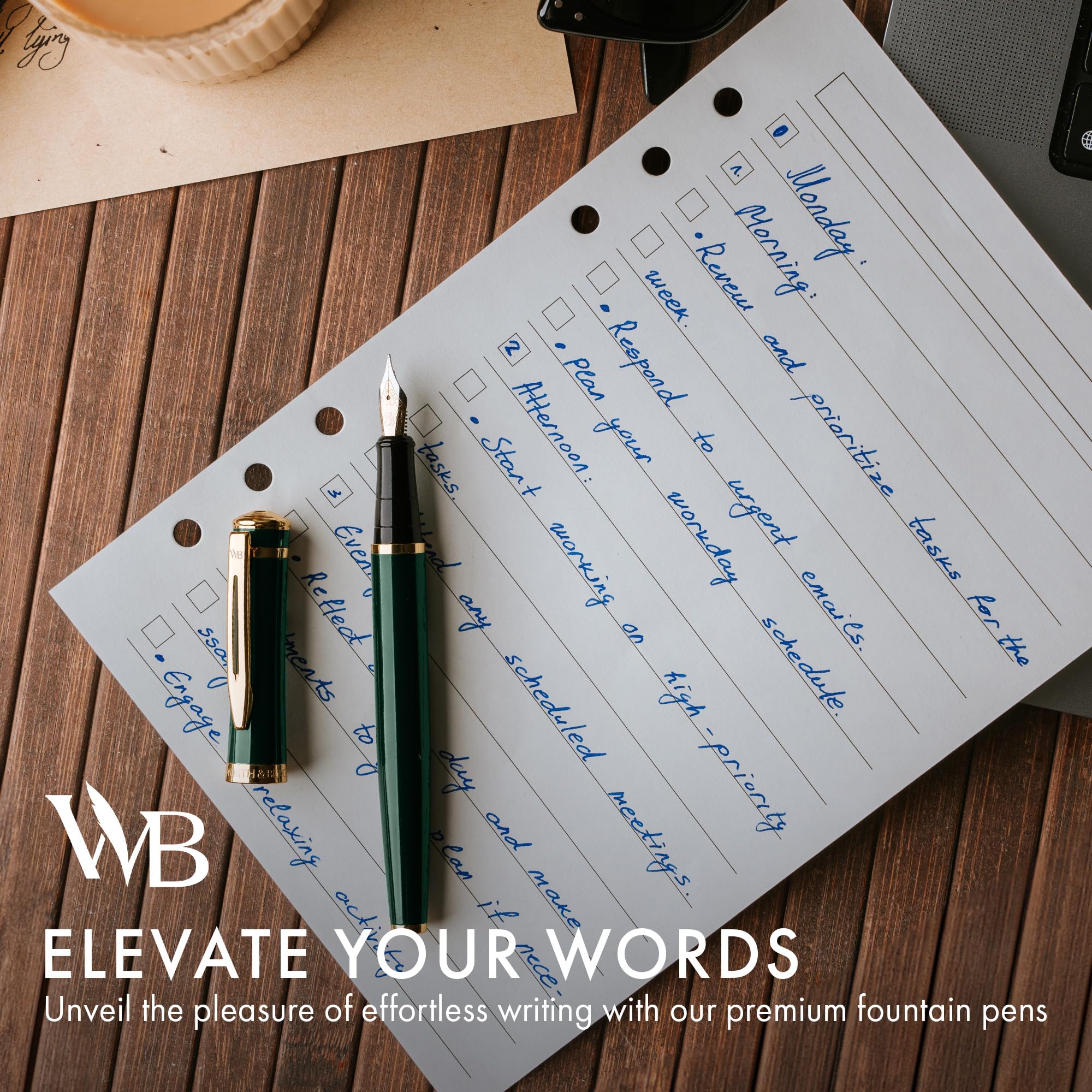 Wordsworth Black Fountain Pen, Racing Green Luxury Medium Nib Set Includes 24 Ink Cartridges (Black & Blue) - Image 3