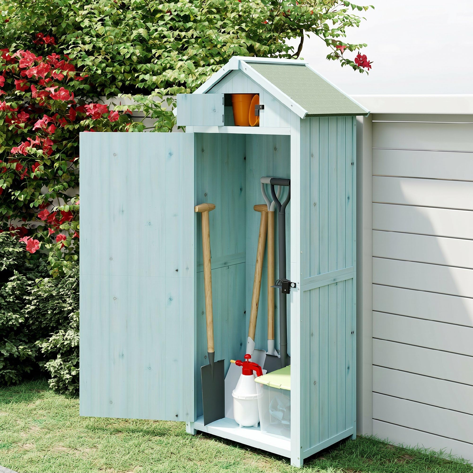 Outsunny Capanno da Giardino Piccolo in Legno, Porta Attrezzi Salvaspazio, 3 Mensole Rimovibili, Tetto in Asfalto Impermeabile, 77x54.2x179cm, Blu