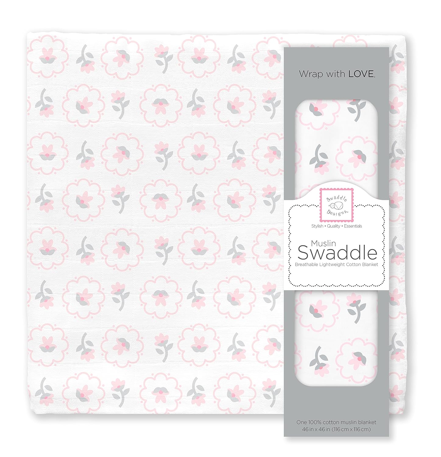SwaddleDesigns Cotton Muslin Swaddle Blanket, Receiving Blanket for Boys & Girls, Best Shower Gift, 46x46 inches, Pastel Pink Posies