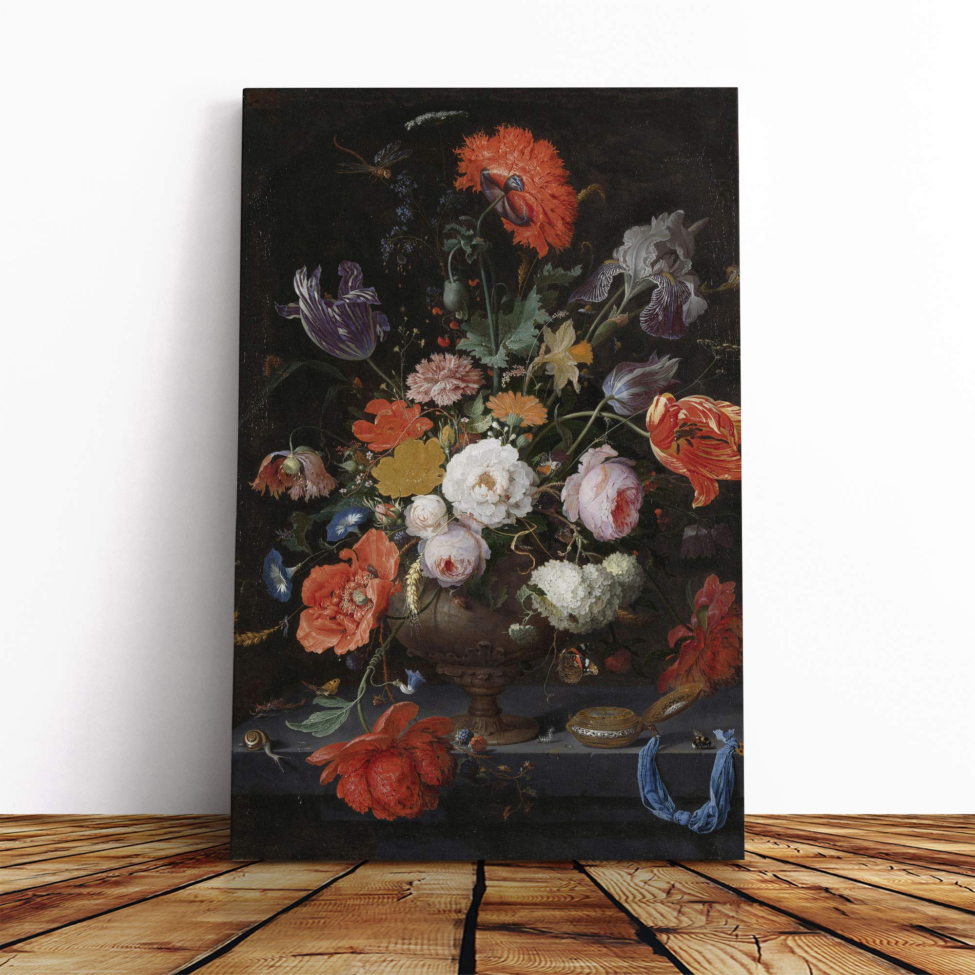Abraham Mignon Still Life Flowers Snails Canvas Print | Gallery Wrapped 30mm Frame Wall Art | 20x14 inches | Ready to Hang | Modern Floral Picture | Living Room Bedroom Lounge Office