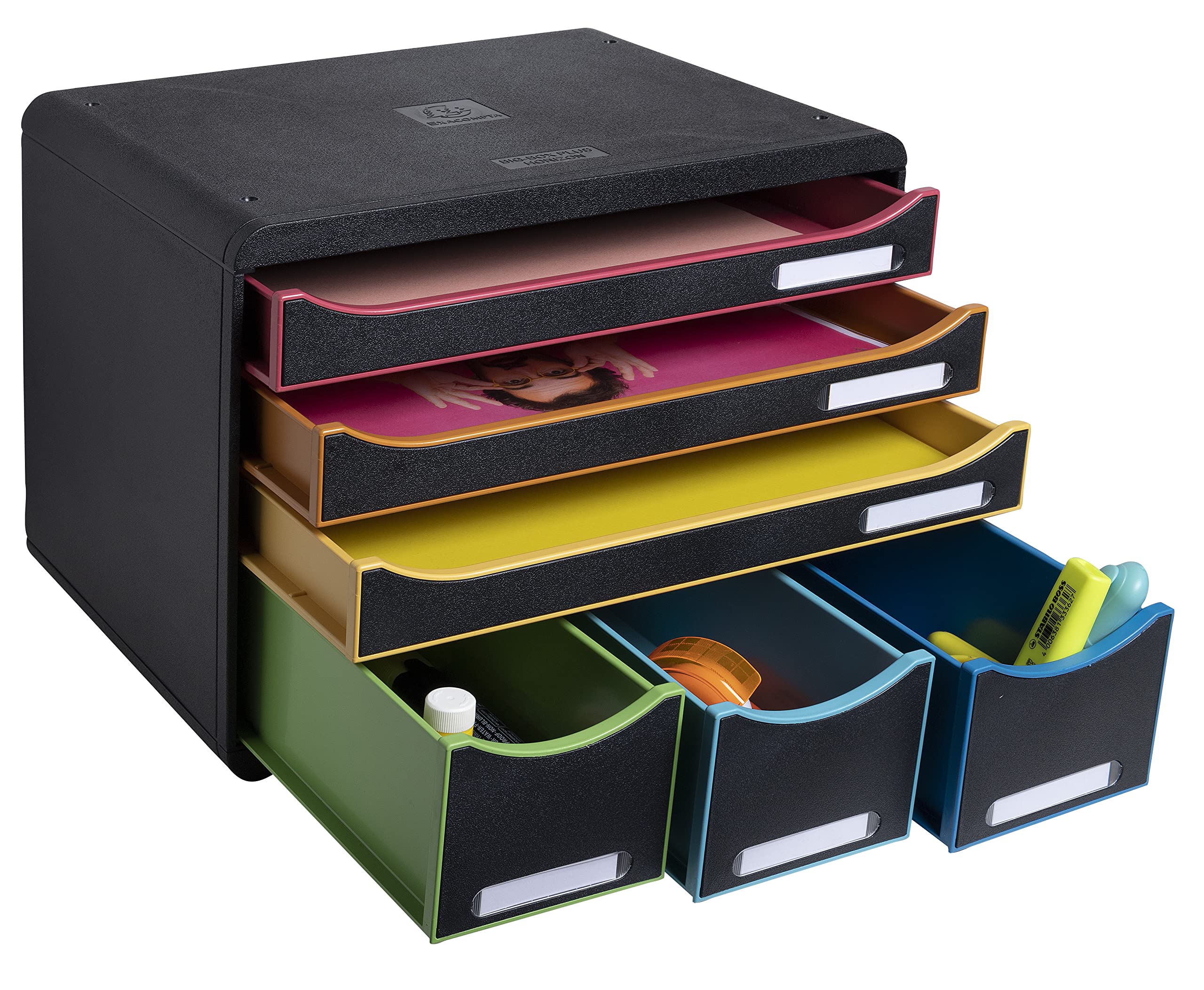 EXACOMPTA - Rif. 306914D-STORE-BOX - Cassettiera 6 cassetti - 3 cassetti per documenti A4+ e 3 cassetti alti sottili - Dimensioni : Profondità 27 x larghezza 35,5 x Altezza 27,1 cm - Nero/arlecchino