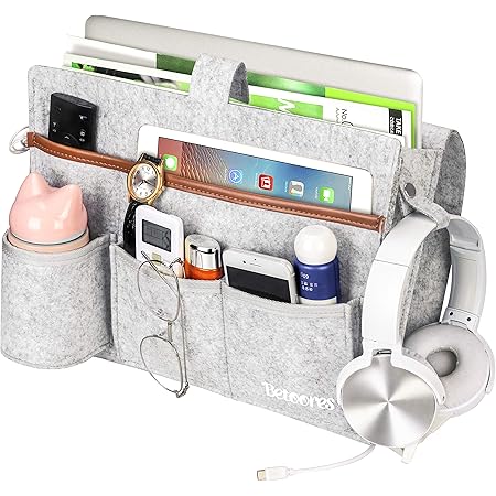 Bedside Organizer Caddy, Felt Bed Storage Organizer Hanging Bag with 8 Pockets, Magazine Book Phone Tablet iPad Cable Remote and Water Bottle Holder for Home Dorm Bed Sofa (Light Grey)