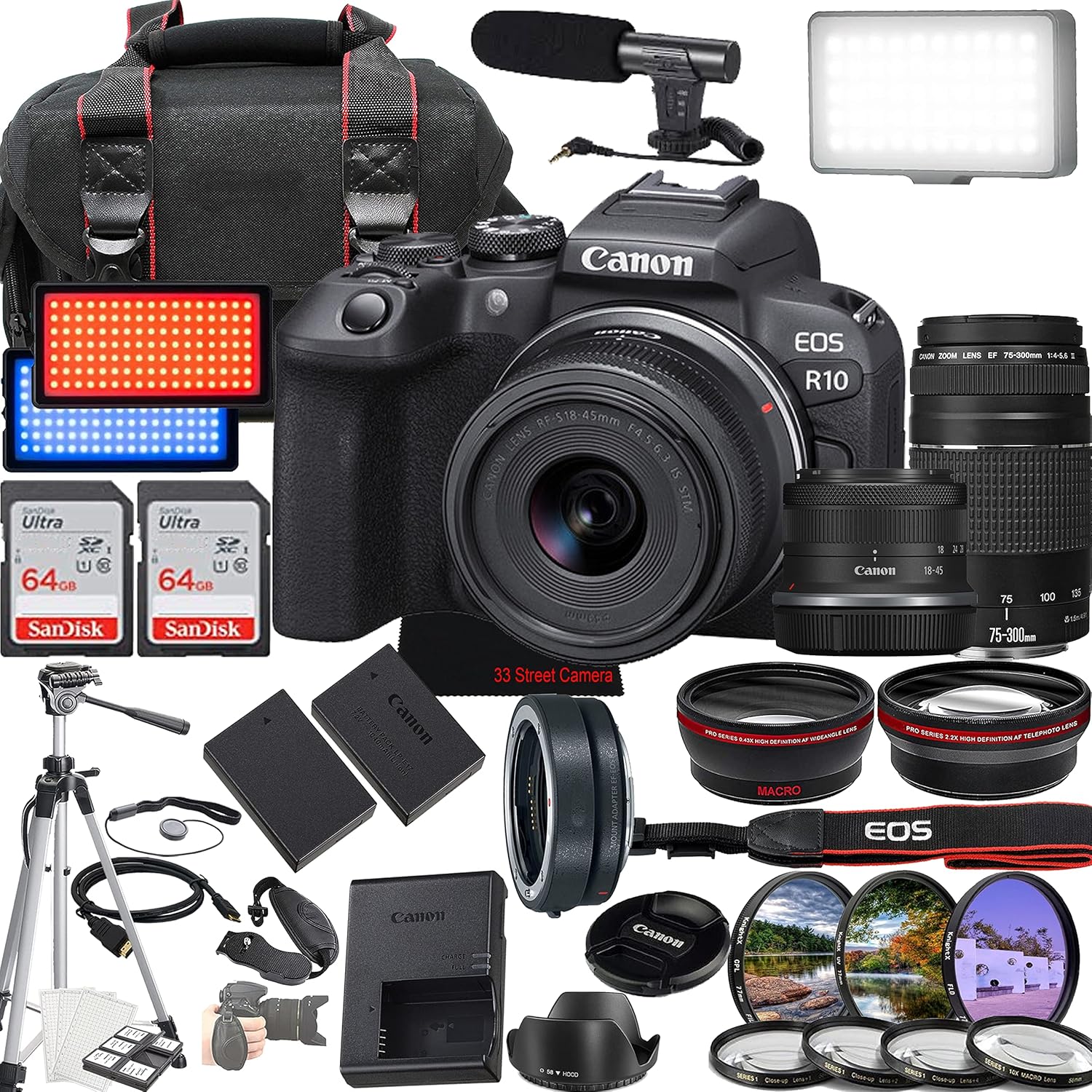 Canon EOS R10 Mirrorless Camera w/RF-S 18-45mm f/4.5-6.3 is STM + EF 75-300mm f/4-5.6 III Lens + 2X 64GB Memory + Case + Microphone + LED Video Light + More (35pc Bundle) (Renewed)