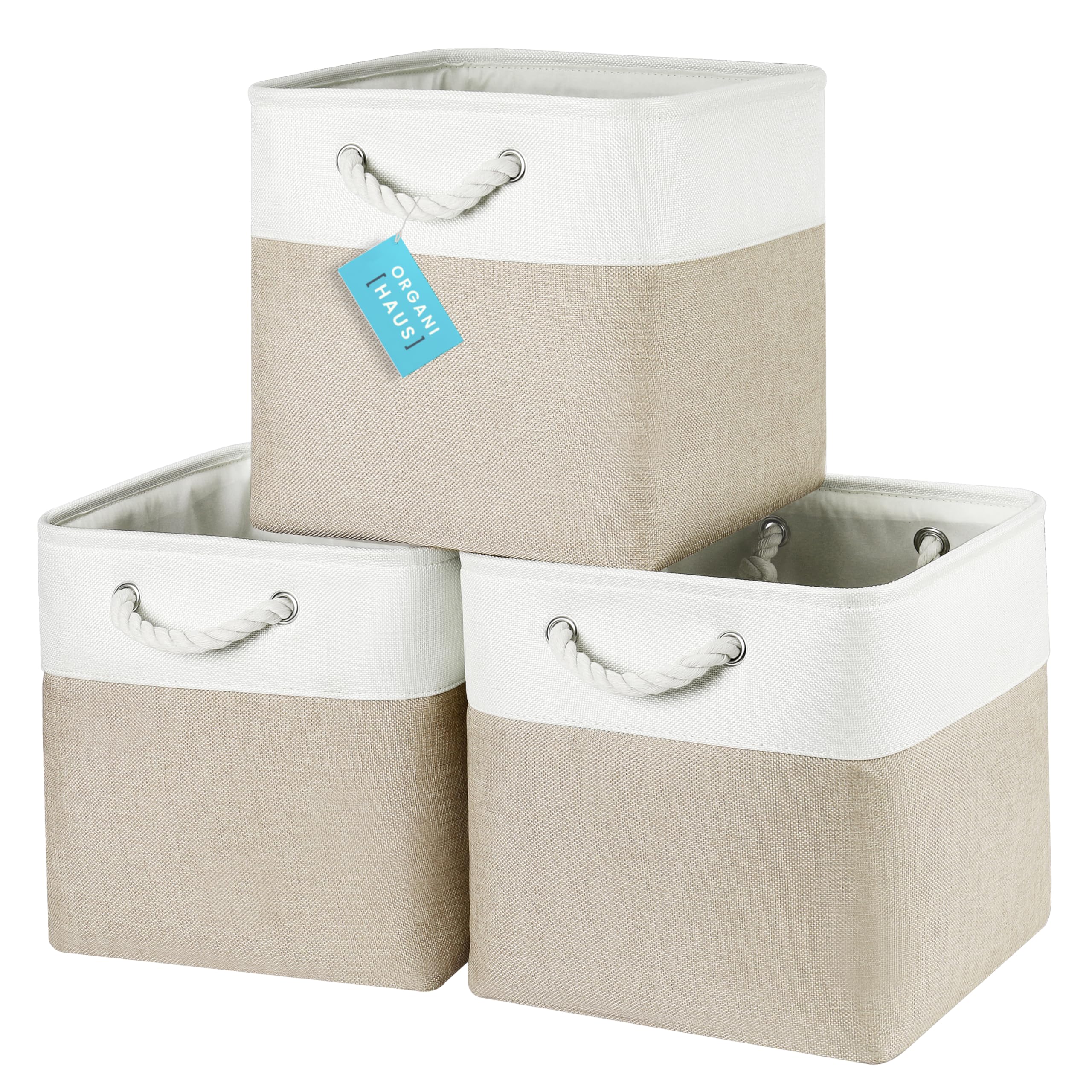 OrganiHaus Set di 3 Cubi Scatole Portaoggetti 30x30, Cestini Portaoggetti in Tessuto con Manici in Corda, Cubi Portaoggetti Pieghevoli per Libreria Kallax, Cestino per la Cameretta. Beige/Bianco