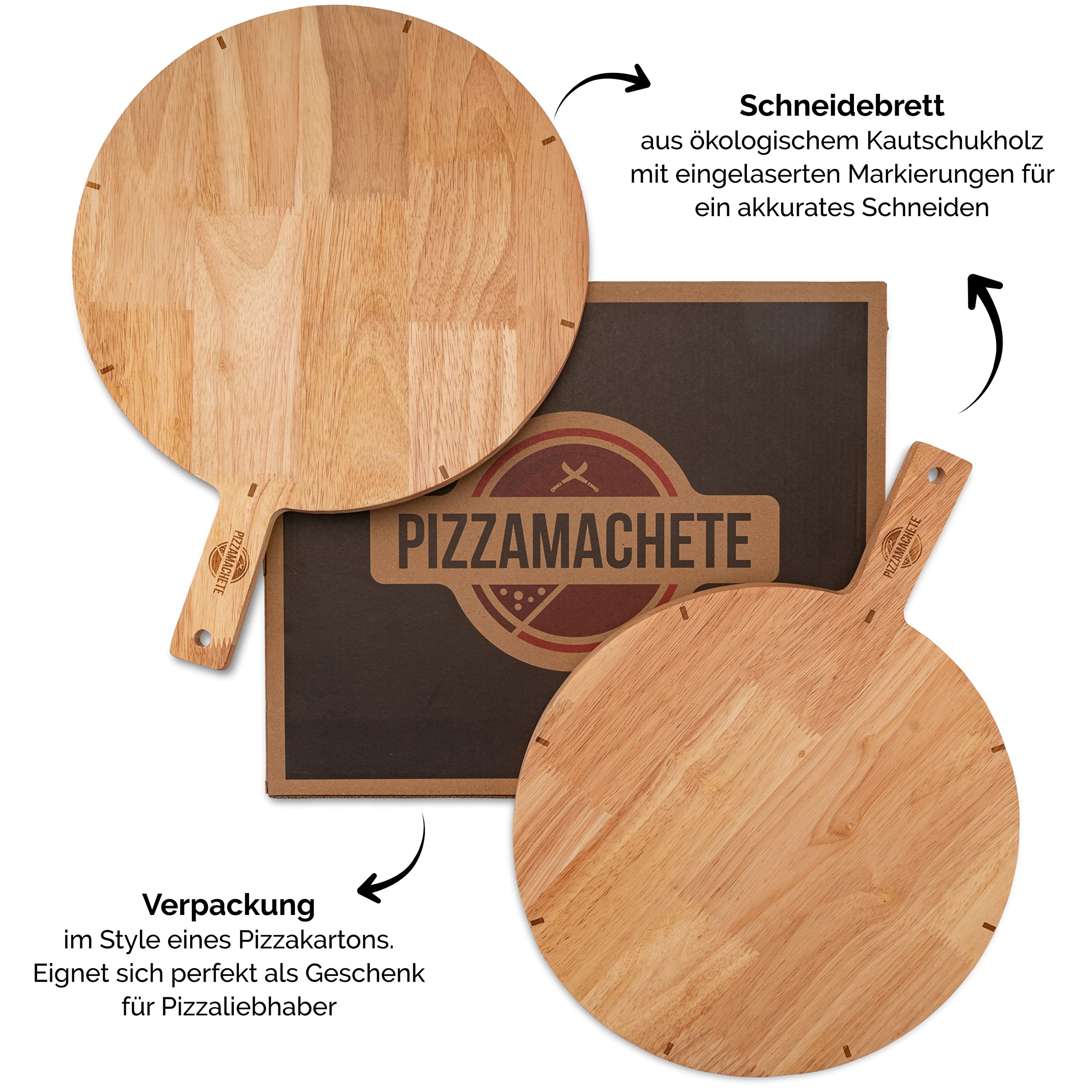 PIZZAMACHETE Pizzateller Holz, Pizzabrett aus Kautschukholz, Pizza-Zubehör zu Hause, Schneidebrett rund, Plate , Foccacia oder Brot, Holzbrett 30,5 cm, 2er Set
