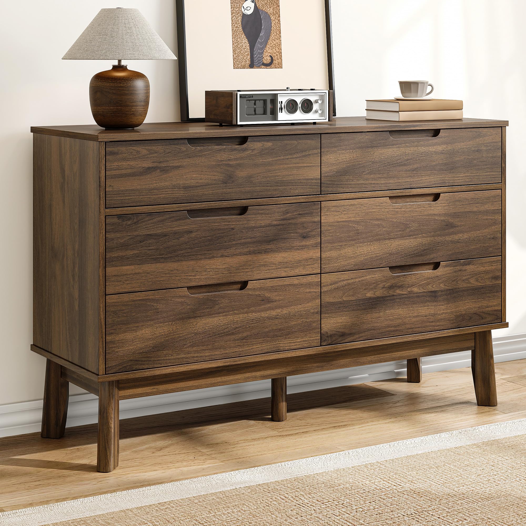 RIHHA 47" Wide Wooden Dresser for Bedroom, Mid-Century Modern 6 Drawer Double Dresser with Natural Wood Grain, Large Horizontal Storage Chest for