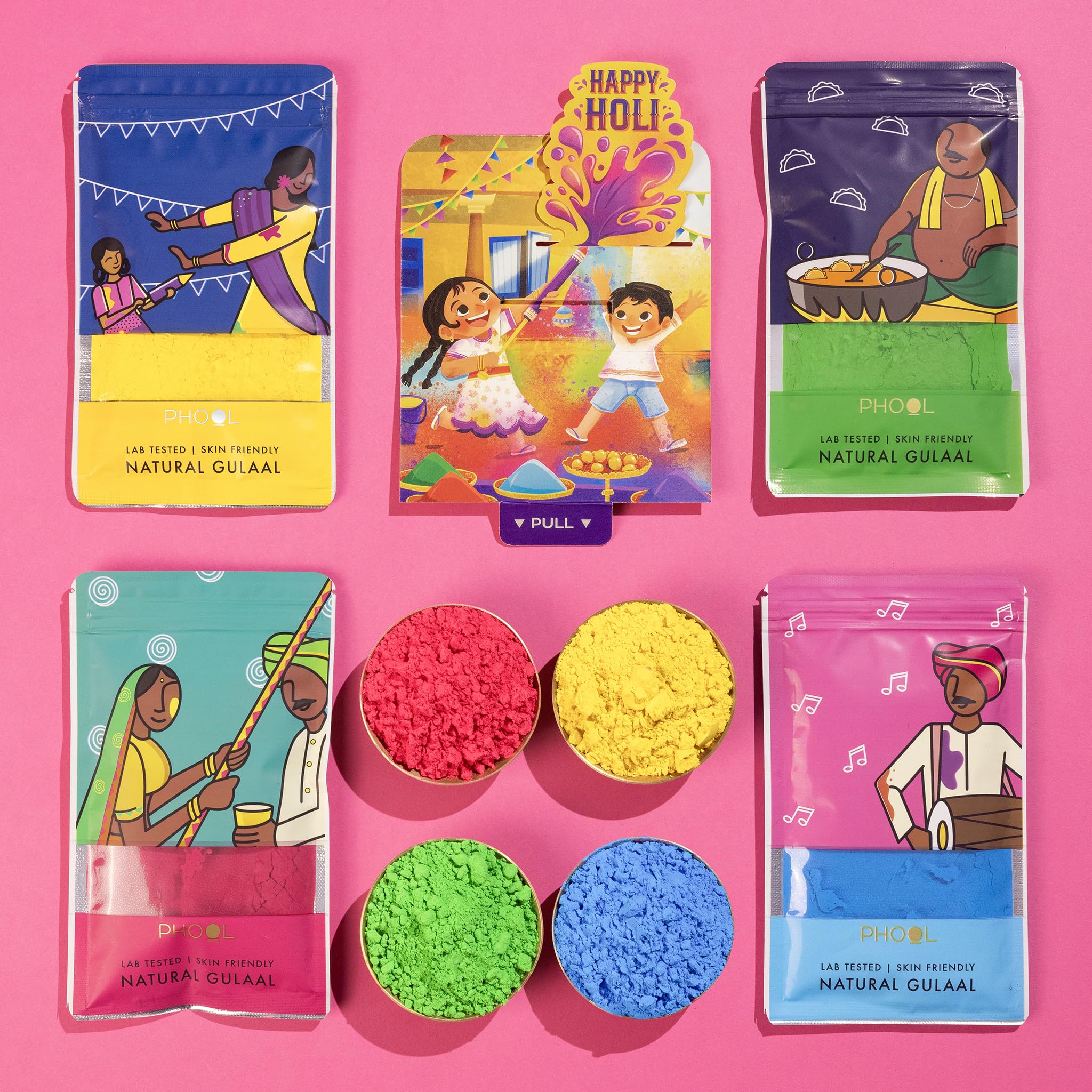 Phool 4 Pack Holi Colour- Party Pack, Pink Blue Green Yellow, | 300 GMS gulal | Herbal and Organic Color | Skin Safe Certificate | Gulal for Kids & Family with Interactive Greeting Card image 3