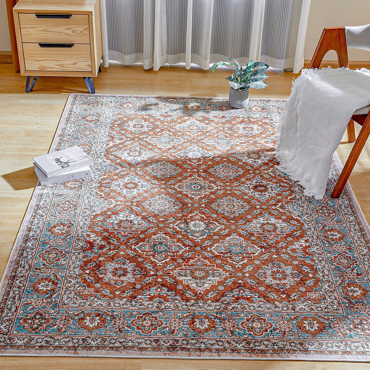 Vintage Area Rug - 8x10 Large Washable Living Room Rug Ultra-Thin Non-Slip Non-Shedding Print Floor Carpet for Bedroom Home