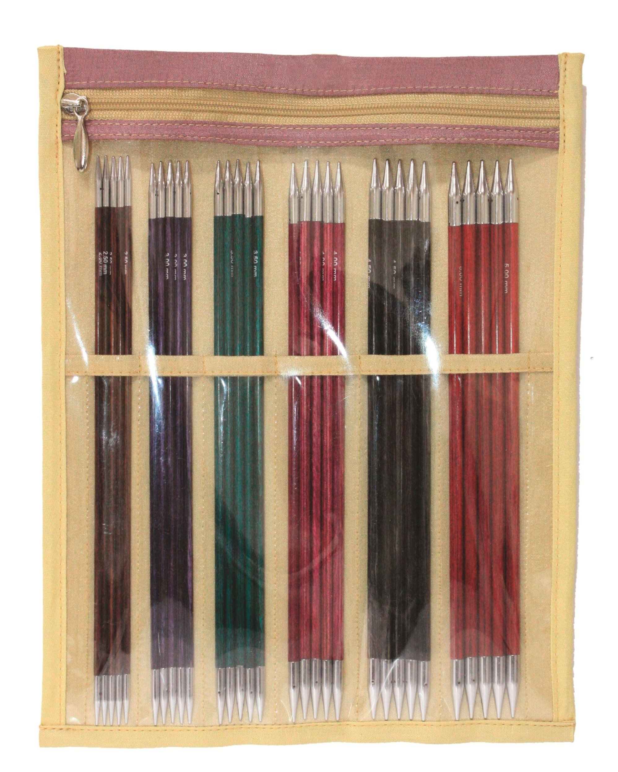 KnitPro 29312 Sockenstricknadel, Holz / Messing, Mehrfarbig (Aquamarin, Burgunder Rosa, Gelber Topas, Aquamarin, Fuchsien-Fan), 20 cm, 6er Pack (6 x 5 Stück)
