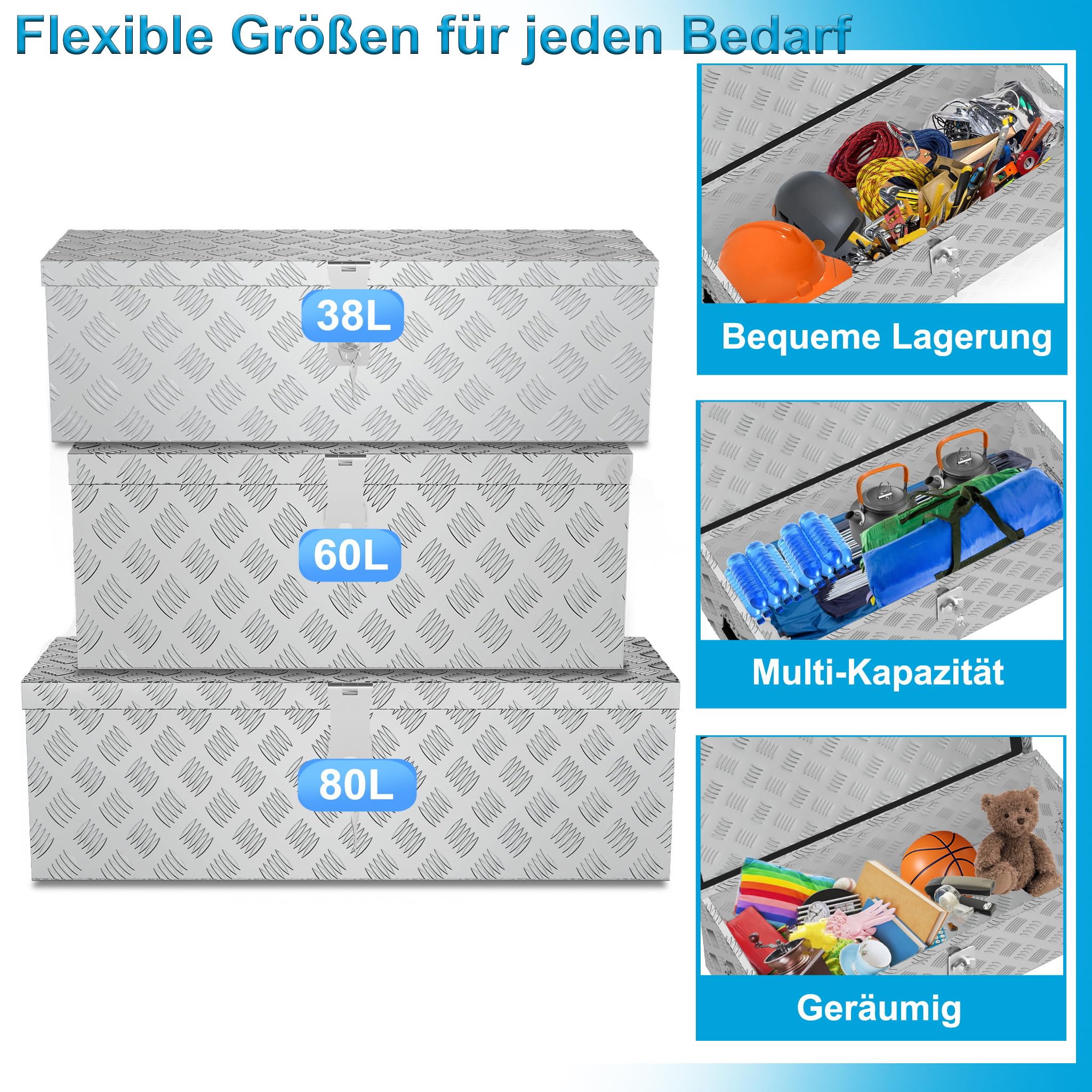 LZQ Aluminiowa skrzynka transportowa z pokrywką, 800 x 220 x 225 mm, aluminiowa skrzynka z zamkiem na narzędzia, stabilna i wodoszczelna, do pojazdów i przyczep (srebrna)