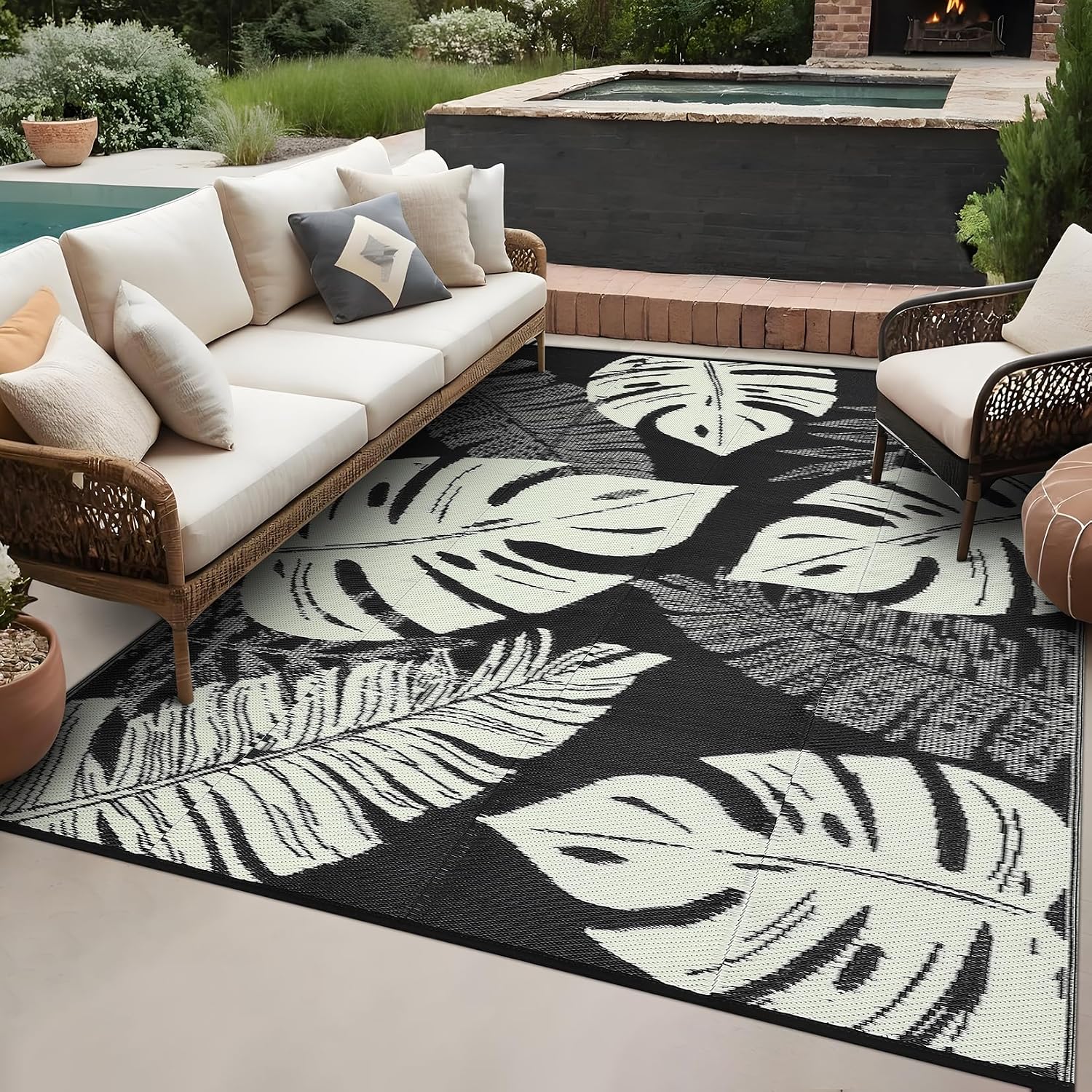 Waterproof Outdoor Area Rug 9x12 ft, Reversible Mat Leaf Tropical Patio Rug, Plastic Tropical Leaf Porch Mat, Large Straw Patio Rug for RV, Camper, Deck, Balcony, Porch, Beach, Picnic