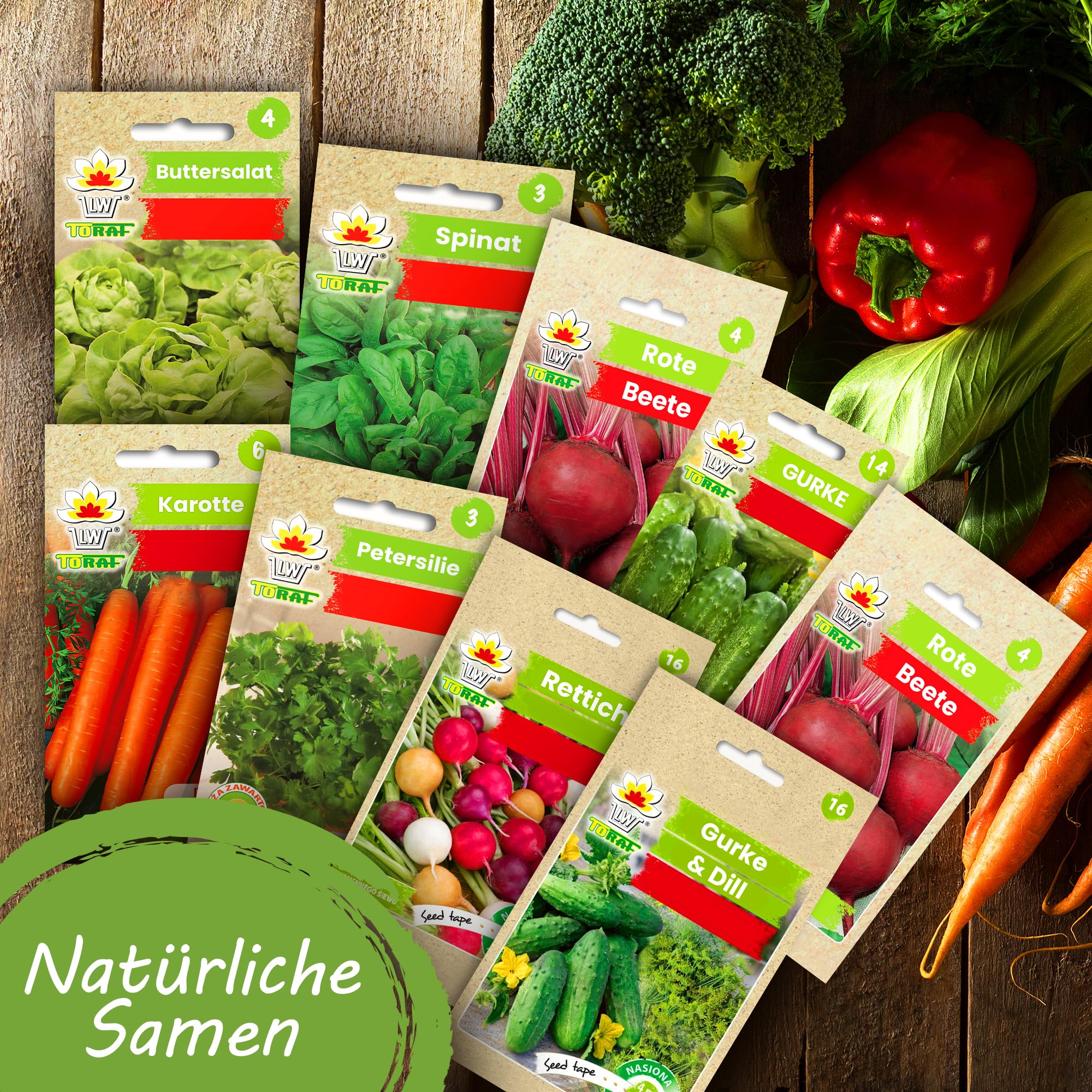 Gemüse Samen Set 5x 9 Premium Sorten Gemüse, Saatgut für Gewächshaus, Garten, Balkon, Küche, Hochbeet, Karotte, Petersilie, Spinat, Gurke, Spinat, Buttersalat, Anzuchtset Samen Gemüse Pflanzen