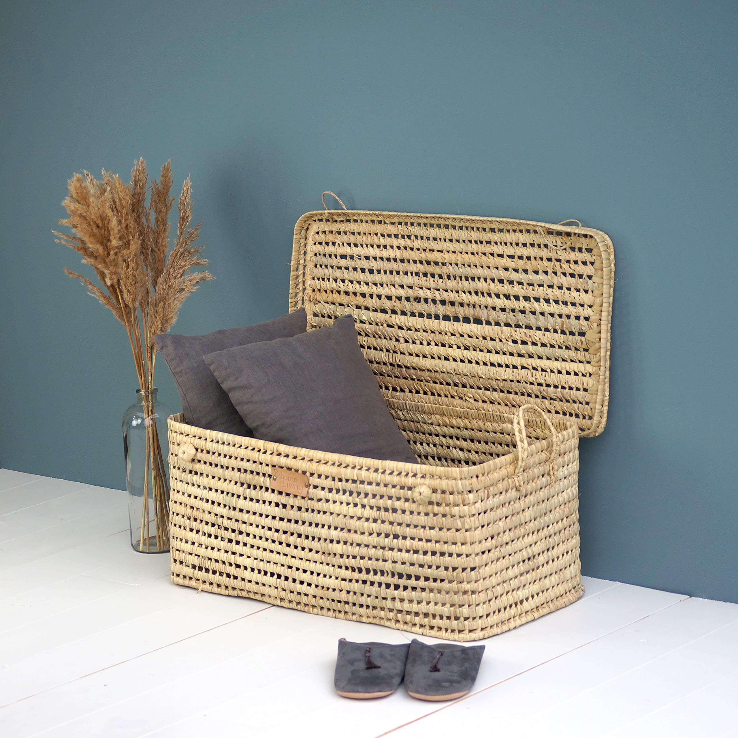 Baule Contenitore in Vimini Intrecciato, Cesto Portaoggetti, Portabiancheria, Decorazione Boho Chic (80cm)