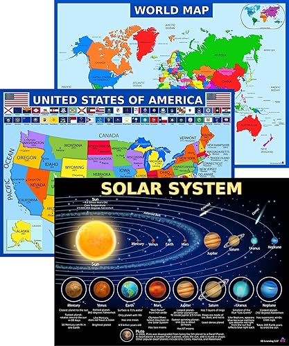Póster con mapa del mundo, mapa de Estados Unidos y sistema solar con características adicionales, laminado de 14 x 19.5 pulgadas, carteles