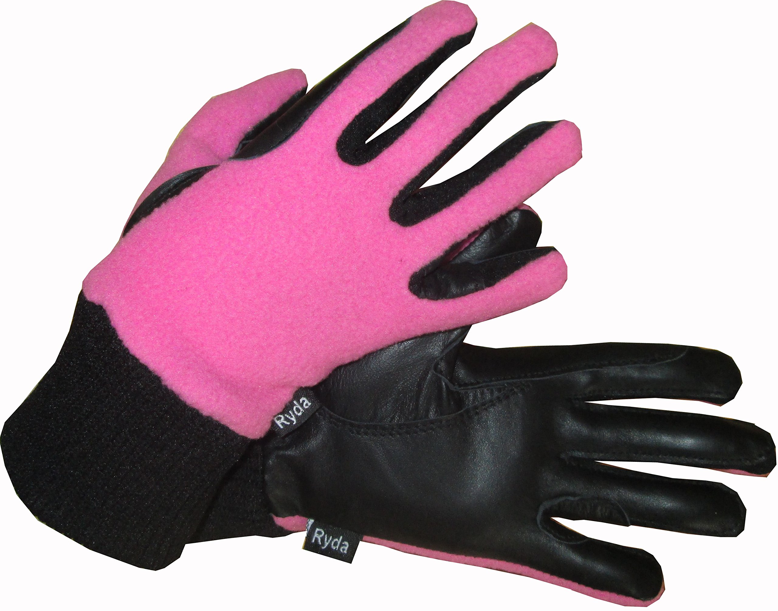 Ryda Childrens Winter Fleece Backed Leather Horse Riding Gloves (Pink, Large)