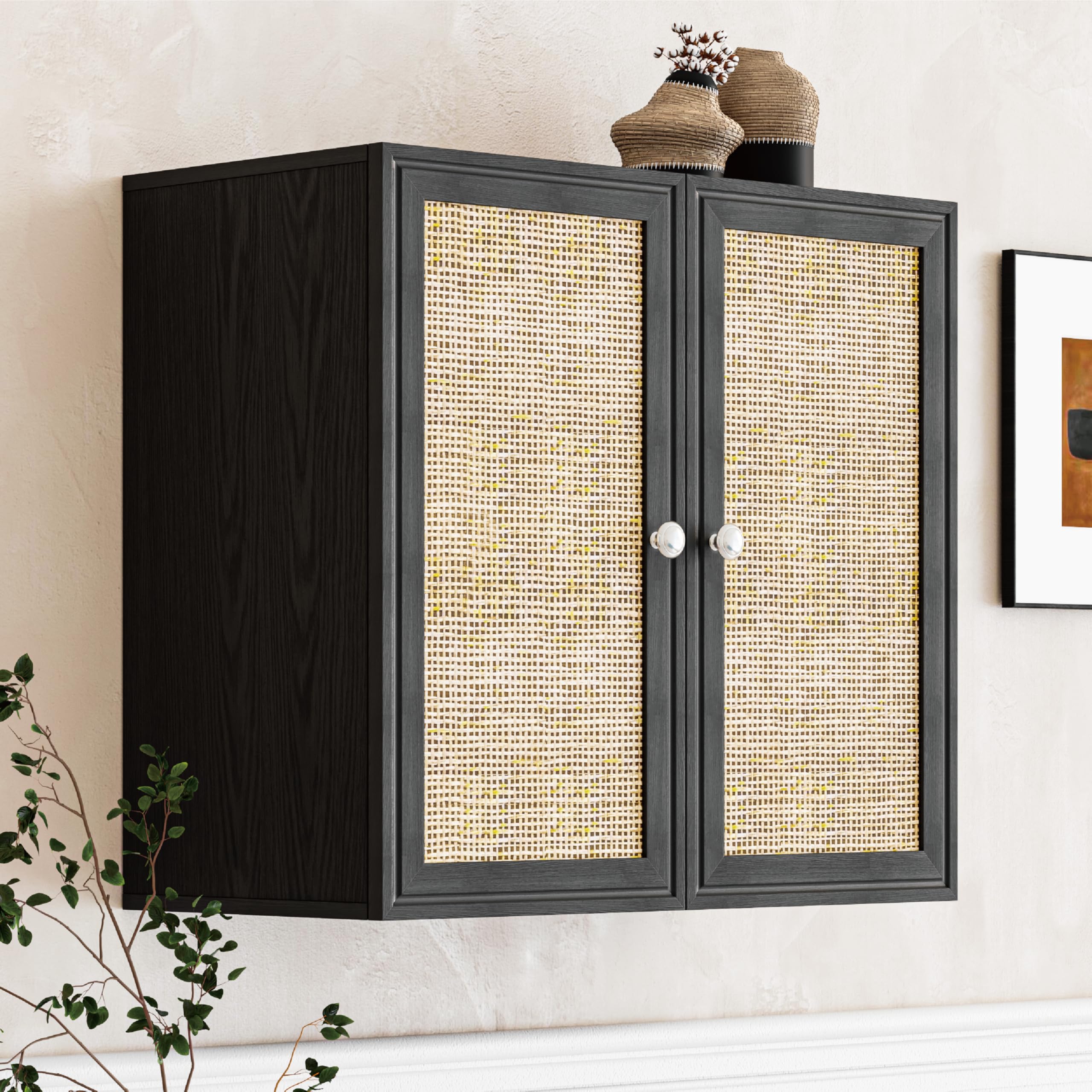 Furnaza Rattan Wall Cabinets Storage - 24" Kitchen Wall Mounted Cabinets with 2 Paper Rattan Doors and Shlelf Adjustable in Laundry or Bathroom Over