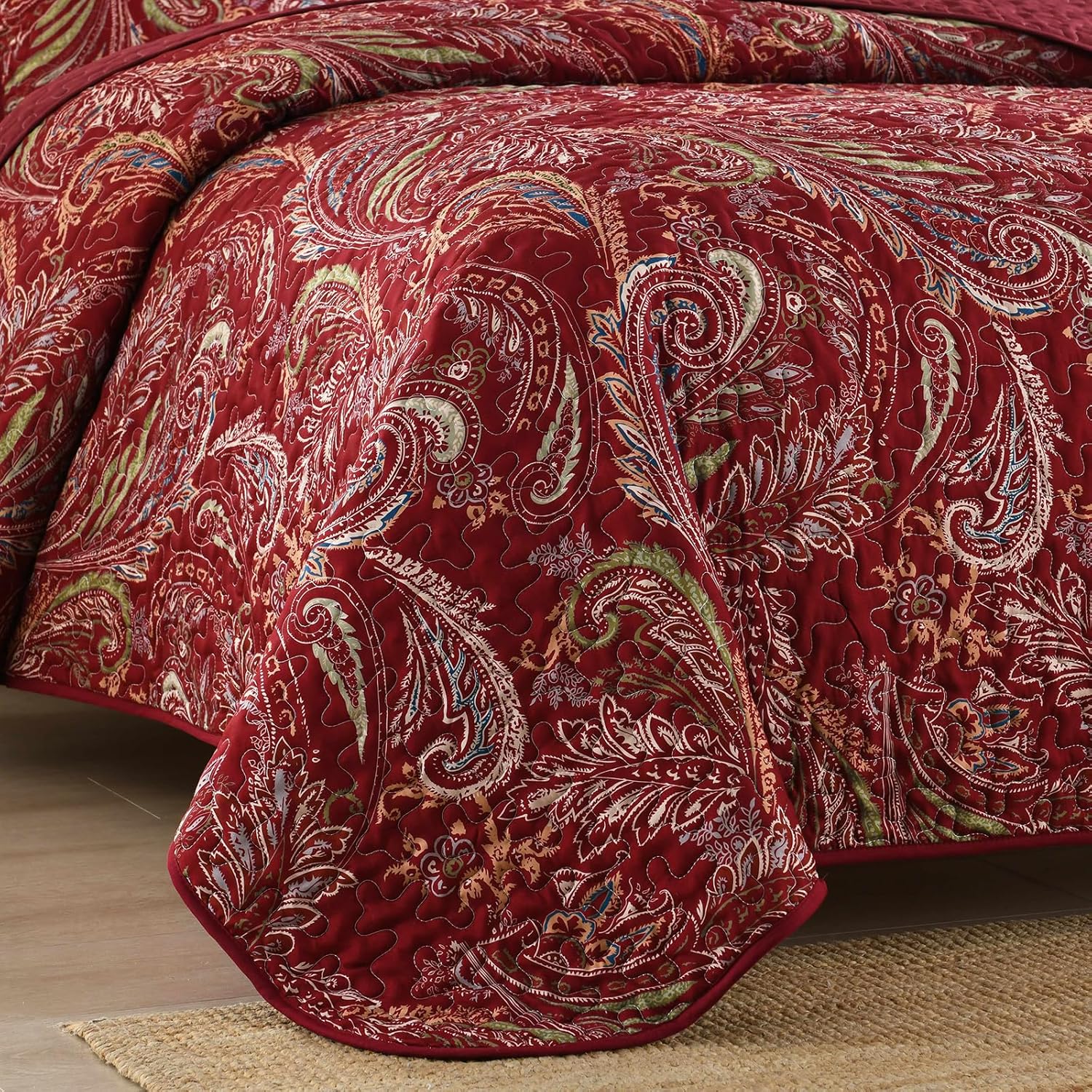 WONGS BEDDING Boho Quilt Set King,3 Pieces Red Paisley Pattern Bedspread Coverlet Set,Lightweight Microfiber Bohemian Bedding Set for All Season 104"×90" - Image 4