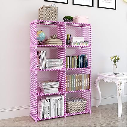MemeHo Bookshelf| Alloy Steel Metal Storage Shelve for Books Storage Organizer| Children Book Rack| Bookcase for Home Furniture |Cabinet Shelves for Bedroom Office Living Room (8 Shelf, Pink)