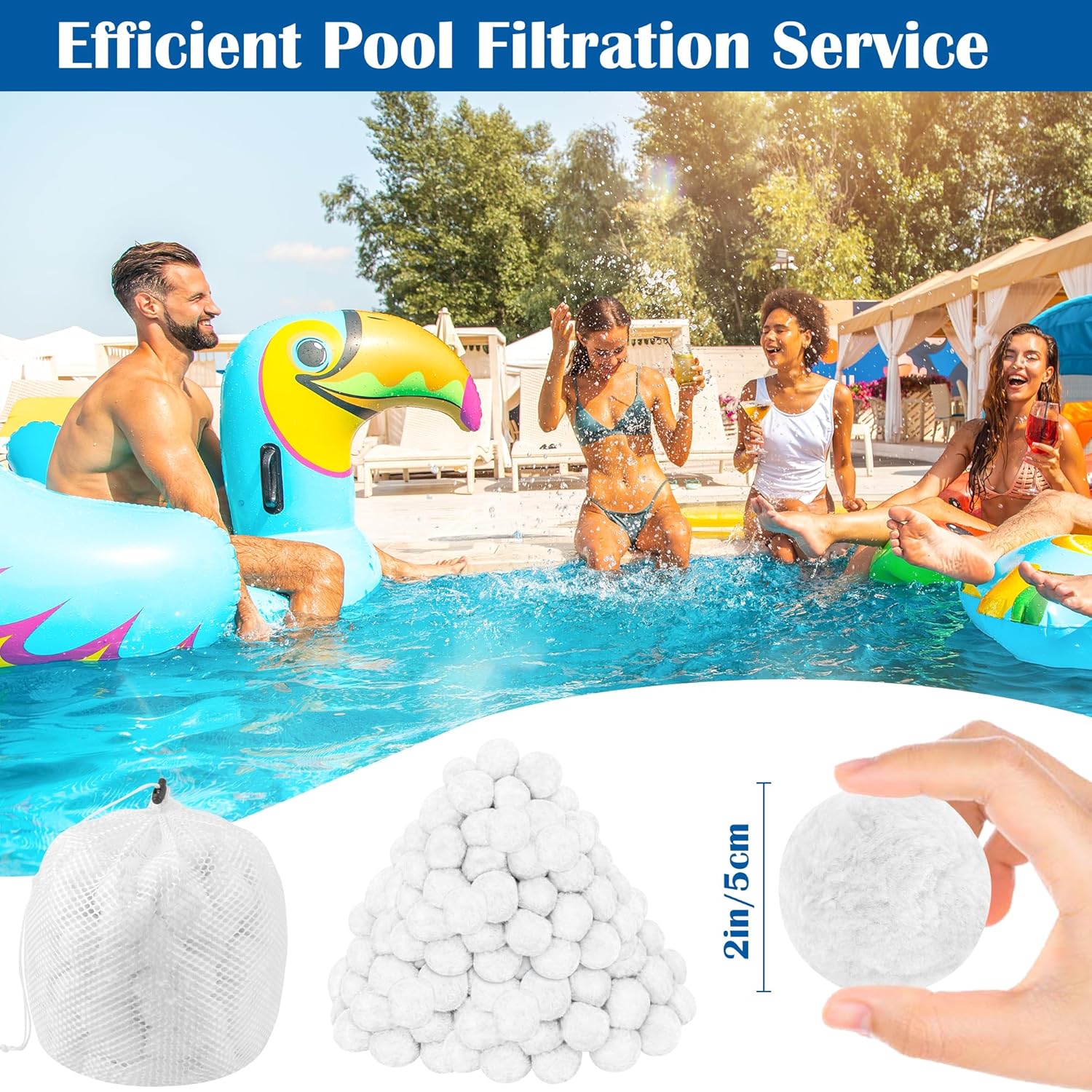 5 lbs Pool Filter Balls, Reusable Pool Efficient Blue Sand Filter Balls Wash Bag, for Swimming Pool Aquarium Tank Above Ground Pool (White)