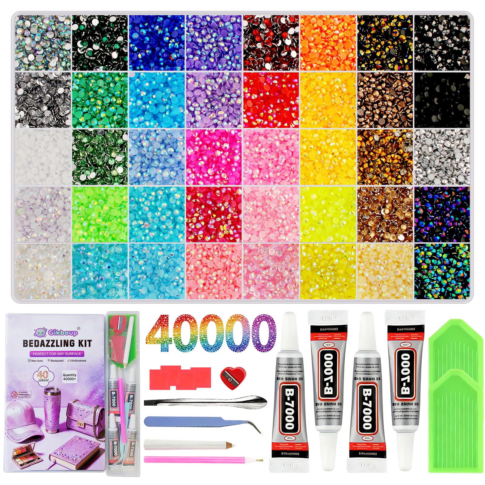 Gikboup 40000피스 40가지 색상의 눈부신 키트, 라인스톤 포함, 3mm 젤리 AB 레진 플랫백 젬, B-7000 접착제 4개, 그리드 40개 보관 상자, 핀셋, 트레이 및 공예, 컵, 휴대폰 케이스용 도구