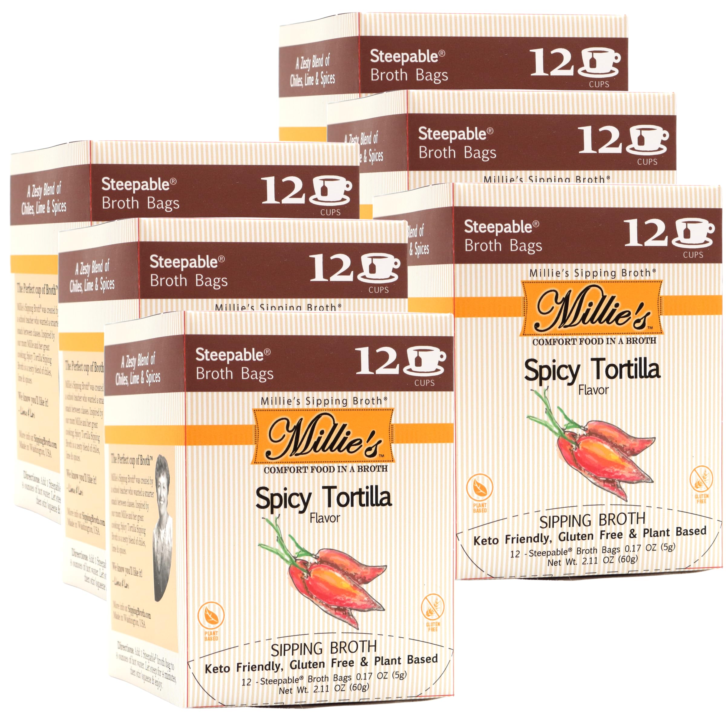 MILLIE'S SPICY TORTILLA SIPPING BROTH| Vegetable Broth with Savory Seasonings for Snack Urges | Vegan, Keto, Gluten Free, Intermittent Fasting, and natural | (6 Pack - 72 Broth Bags Total)
