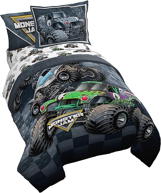 Monster Jam Slash 7 Piece Full Bed Set - Includes Reversible Comforter & Sheet Set - Bedding Features Grave Digger & Megalodon - Super Soft Fade Resistant Microfiber - (Official Monster Jam Product)