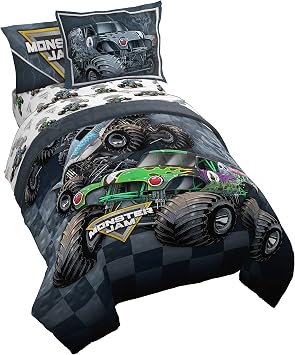 Jay Franco Monster Truck Comforter Set Full Size, Kids 7 Piece Bed in a Bag, Reversible Bedding, Grave Digger & Megalodon, Super Soft Microfiber, Machine Washable, Official Monster Jam Product