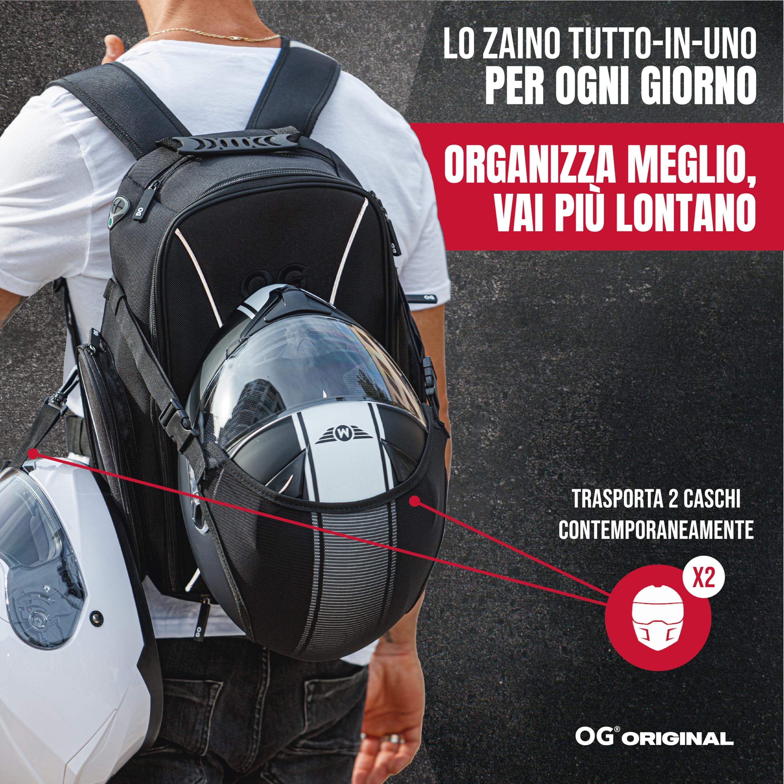 OG Original Zaino Moto GO Nero Impermeabile 20L, Borsa Porta-Casco Moto, Cinghia per Casco, Ciclismo, Uomo, Portatile, Rifrangente, Antifurto, Zaino Compatibile Ryanair