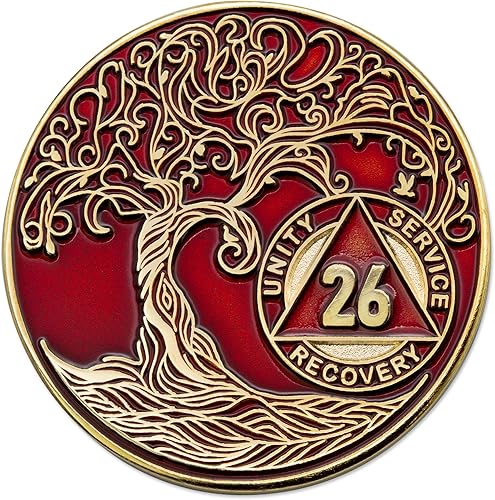 Sobriety Mint Medallónchip de recuperación AA chapado en oro del árbol de la vida torcido de 1 a 30 años - rojo, Rojo -