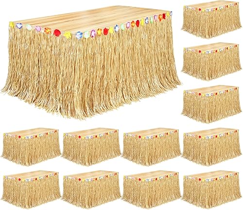 Miniatura 11 de Fovths Paquete de 4 faldas de mesa de hierba Luau natural de 9 pies x 29.5 pulgadas, falda de mesa hawaiana para decoraciones tropicales hawaianas