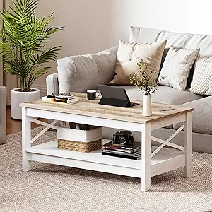 GOOBED Modern Coffee Tables for Living Room with Storage, Farmhouse 2-Tier Rectangular Coffee Table, 39.4" Coffee Table with Ample Storage Ideal for Living Room Home Office, Gray Wash