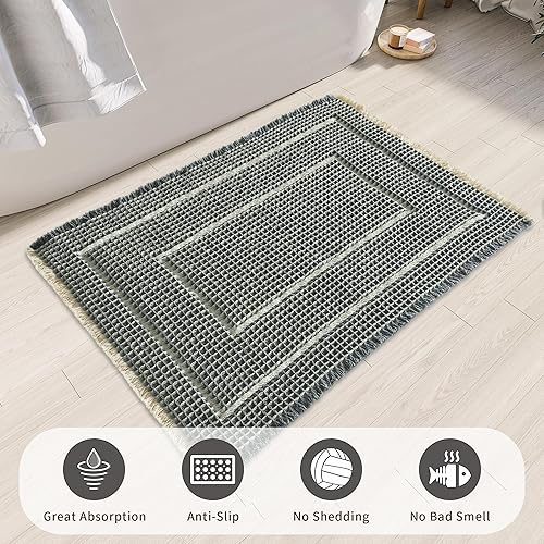 Miniatura 3 de Tapete de baño y ducha bohemio, superabsorbente, antideslizante, lavable, de secado rápido, toalla de baño ultrasuave, color gris azulado y