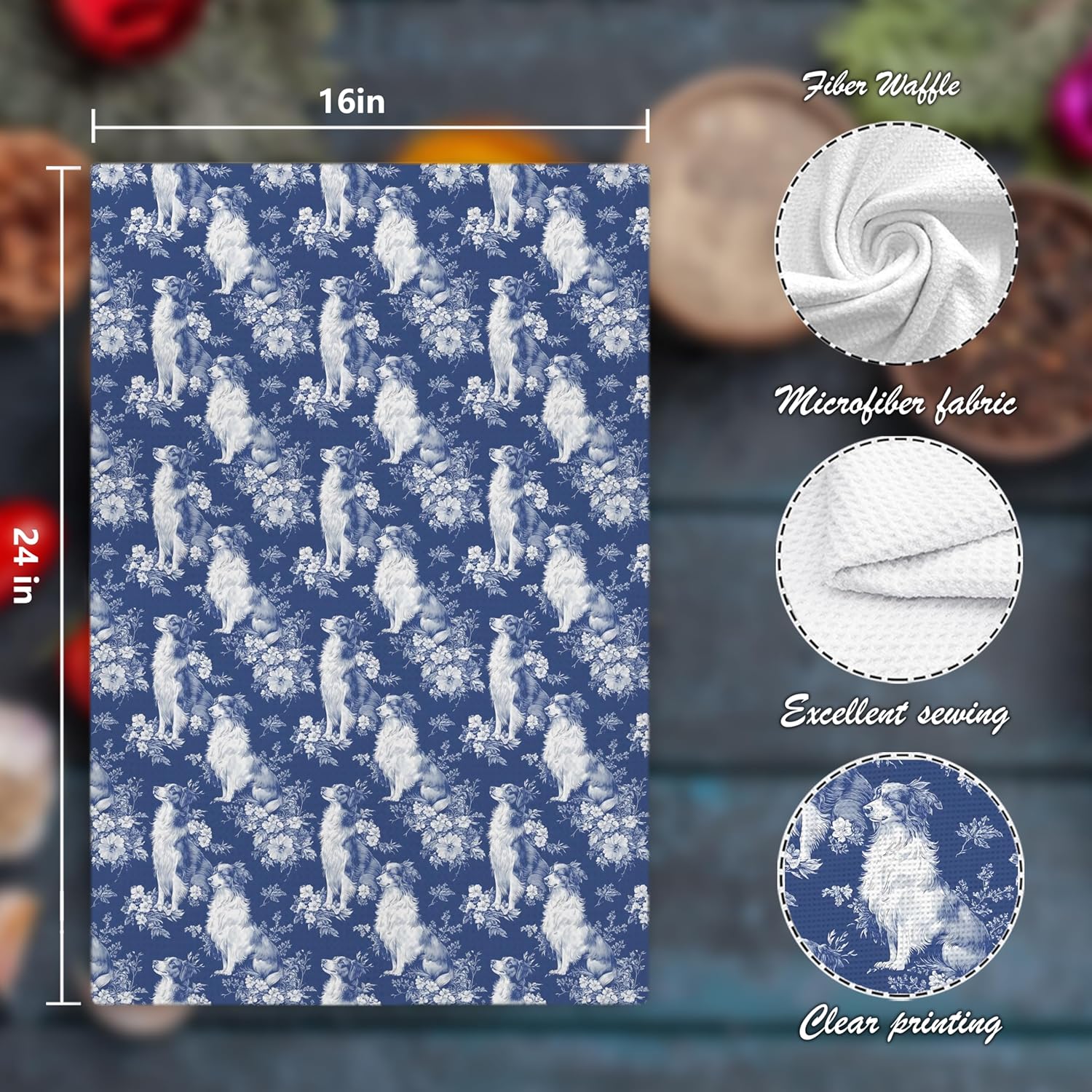 Chinoiserie Border Collie Kitchen Towels,Blue and White Floral Border Collie Decorative Dish Tea Towels,Grandmillennial Dog Hand Towels for Kitchen Bathroom, Border Collie Gifts,16x24 Inch - Image 2