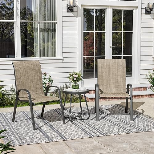 Amopatio 3 Piece Patio Set, Outdoor Stackable Dinging Chairs for All Weather, Breathable Garden Furniture for Backyard Deck, Brown