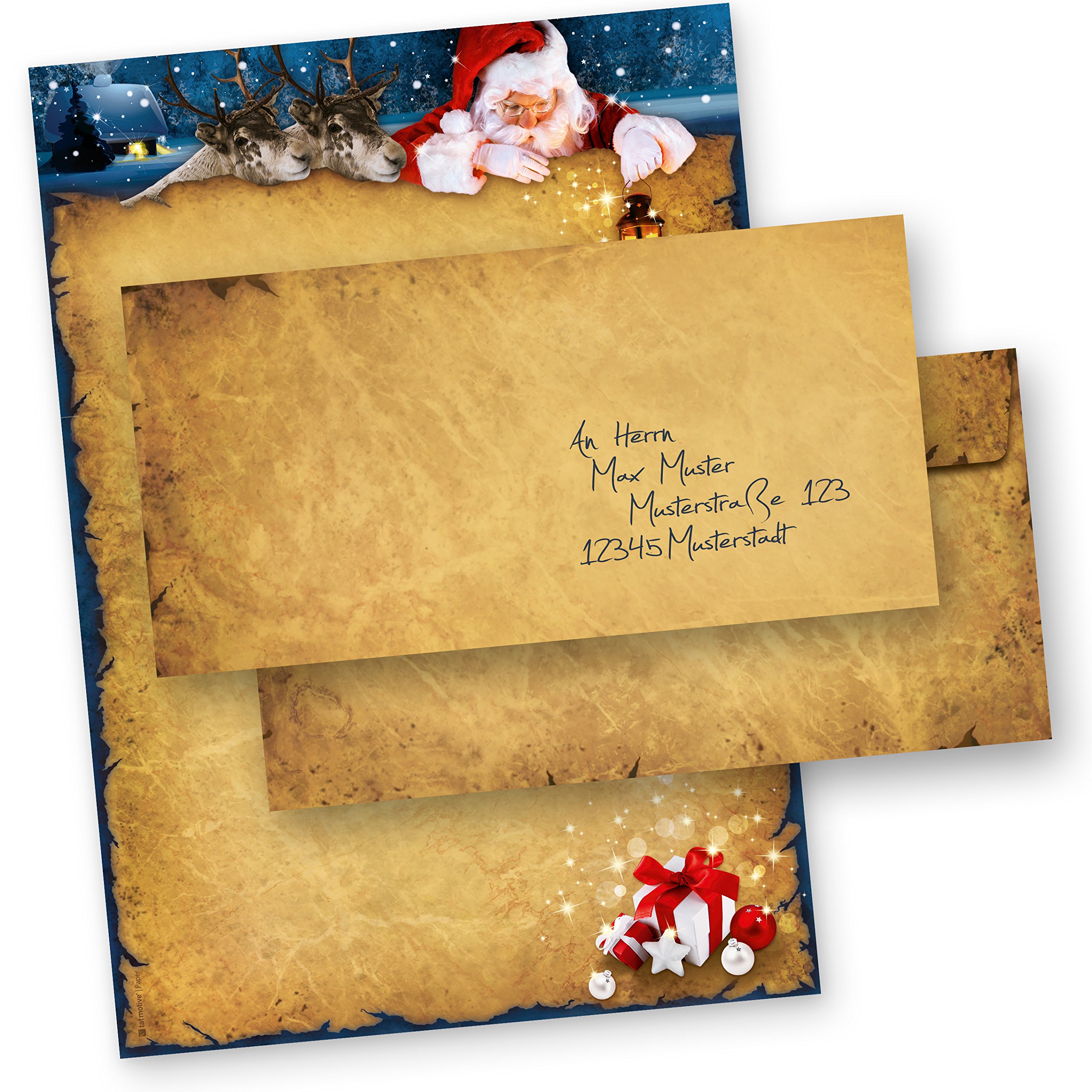TATMOTIVE Briefpapier Weihnachten Vintage NORDPOL EXPRESS 100 Sets DIN A4 90g, 100 Blatt mit Umschläge OHNE Fenster