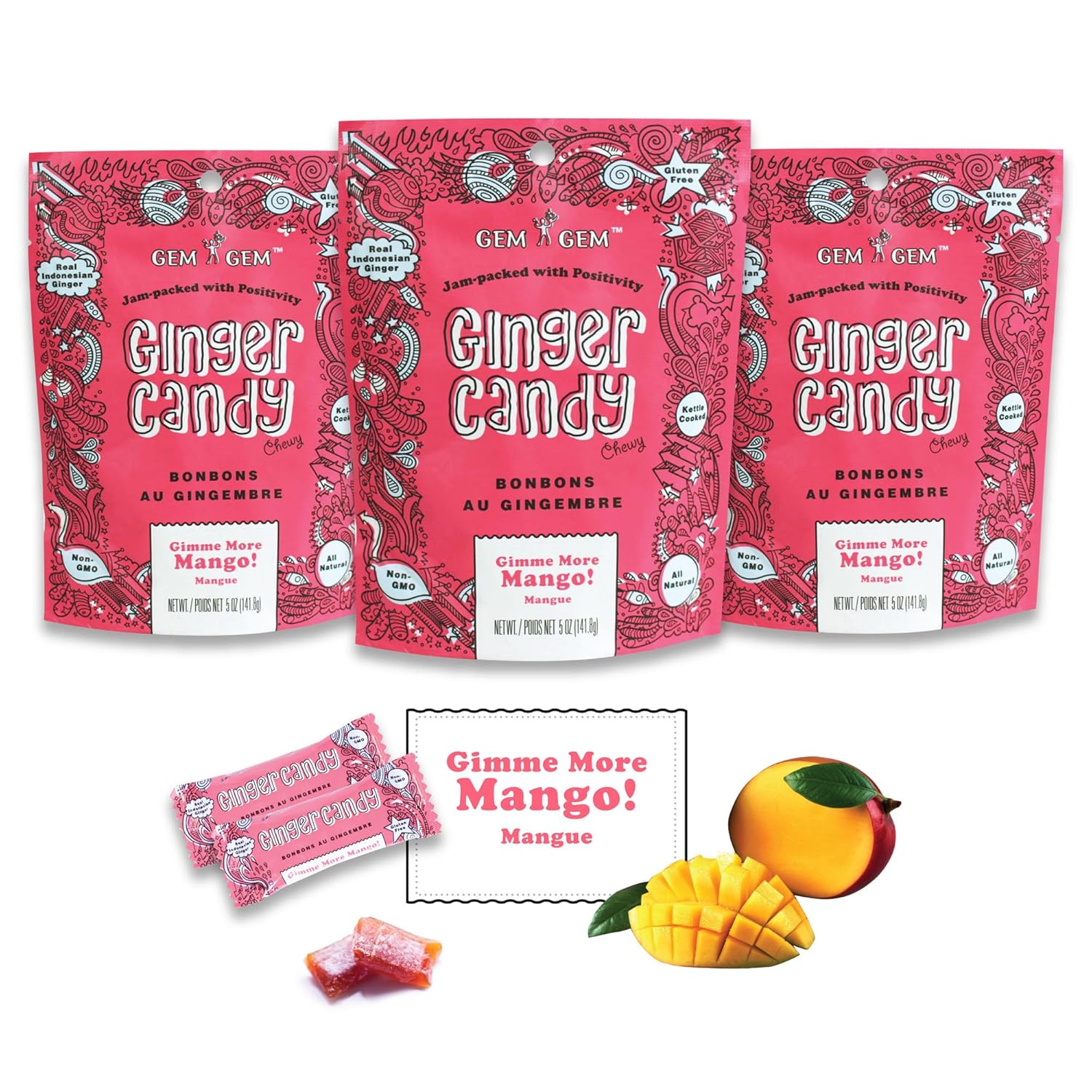 Gem Gem Ginger Candy Chewy Ginger Chews (Mango, 5.0oz