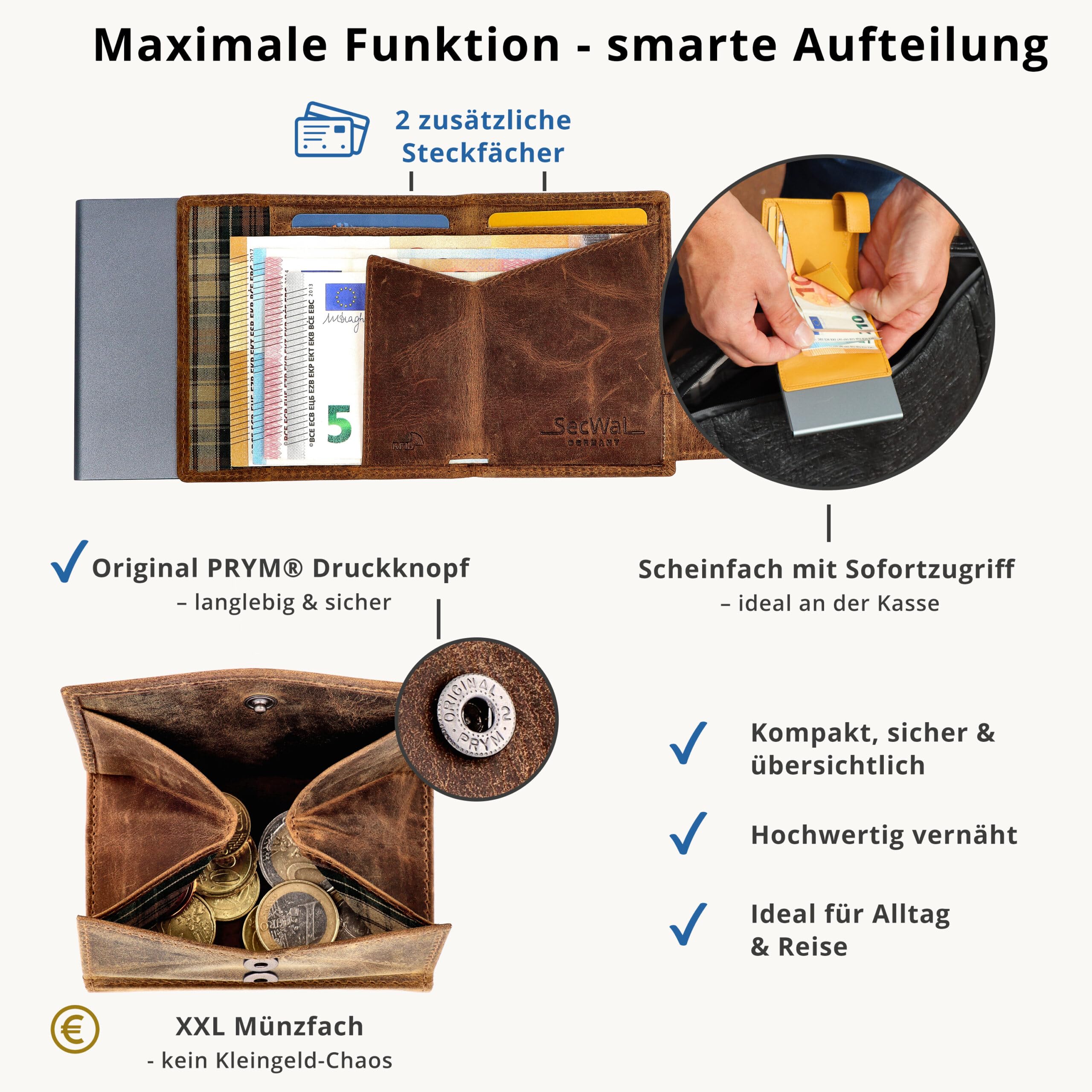 SecWal Kartenetui mit XXL Münzfach Druckknopf inkl. Geschenkbox - Made in Germany - Geldbörse inkl. Ebook für Damen und Herren - RFID Schutz Geldbeutel mit Wiener Schachtel (Hunter Braun)