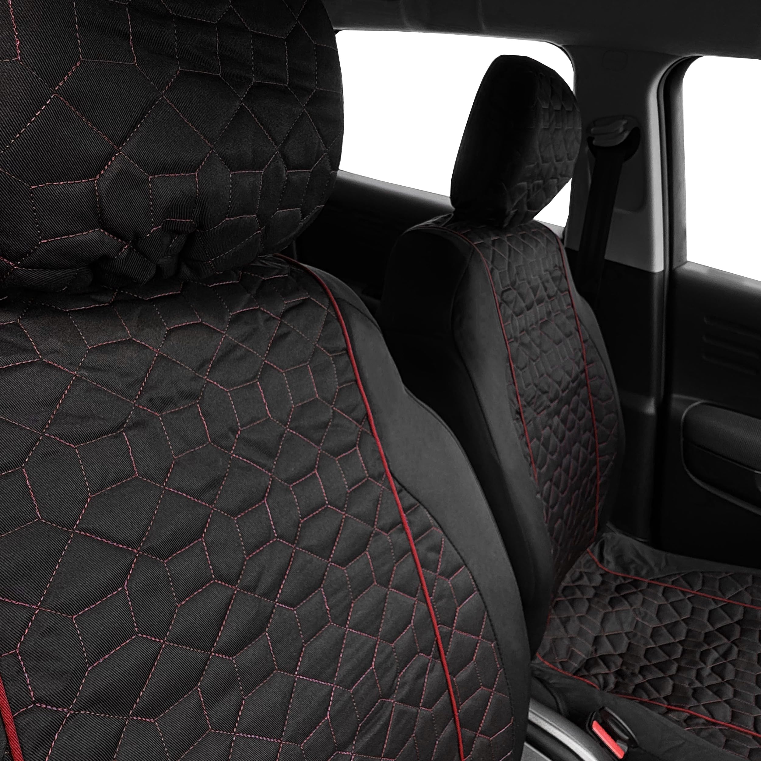 Auto Accessori Lupex | 2pz Coprisedili Anteriori Universali LS16 - Tessuto Deluxe Nero cuciture Rosso | Design Elegante, Resistente e Confortevole | Compatibili con Poggiatesta Classico