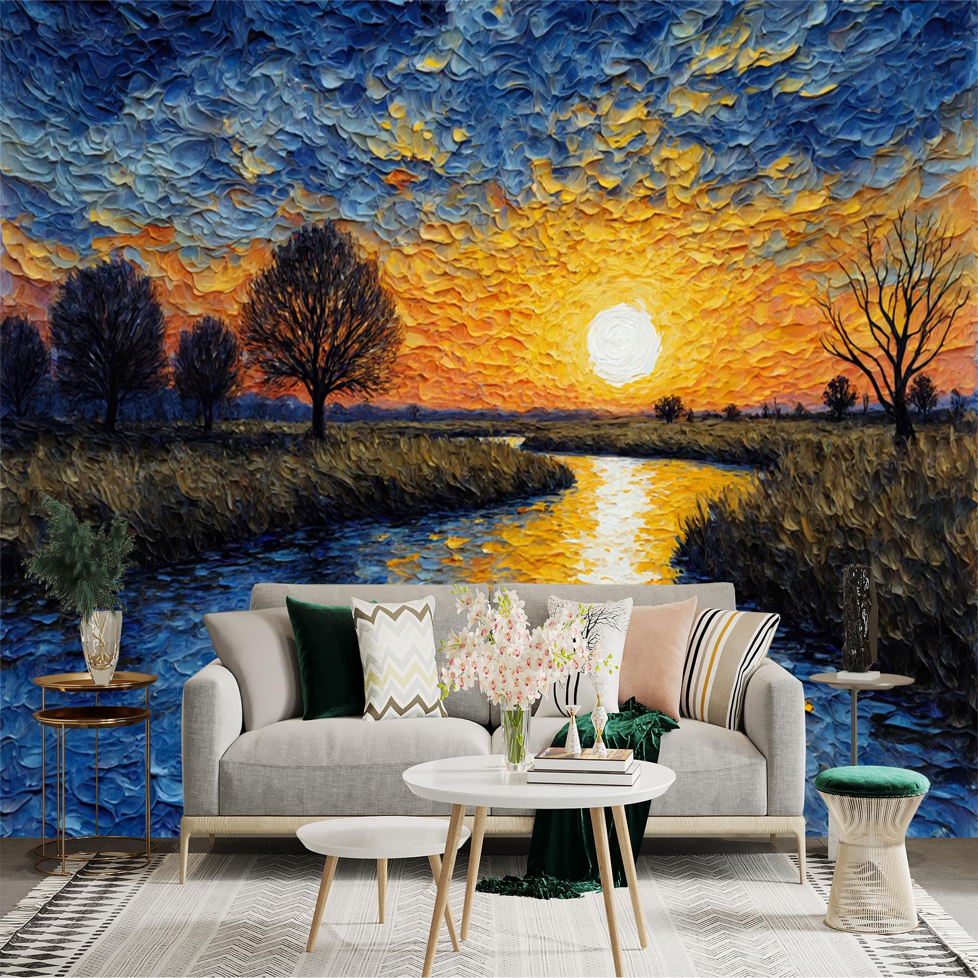 Lnzczhyre Xc260505703 Custom Size Wall Sticker Mural， Golden Sunset Over Serene River， Impasto Oil Painting Style， Autumn Landscape Scenery， For Wall Decoration， Peelandstick Wall Decals.