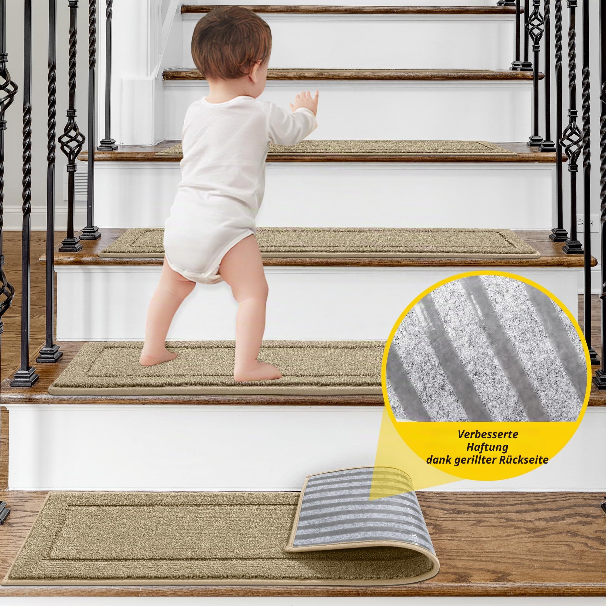 JSEI Stufenmatten Innen rutschfest 15 Stück, 20,3 x 76,2 cm Maschinenwaschbare Treppenteppich Selbstklebend Stufenteppich für Kinder, Älteste und Haustiere, 100% Polyester TPE -Rücken, Beige