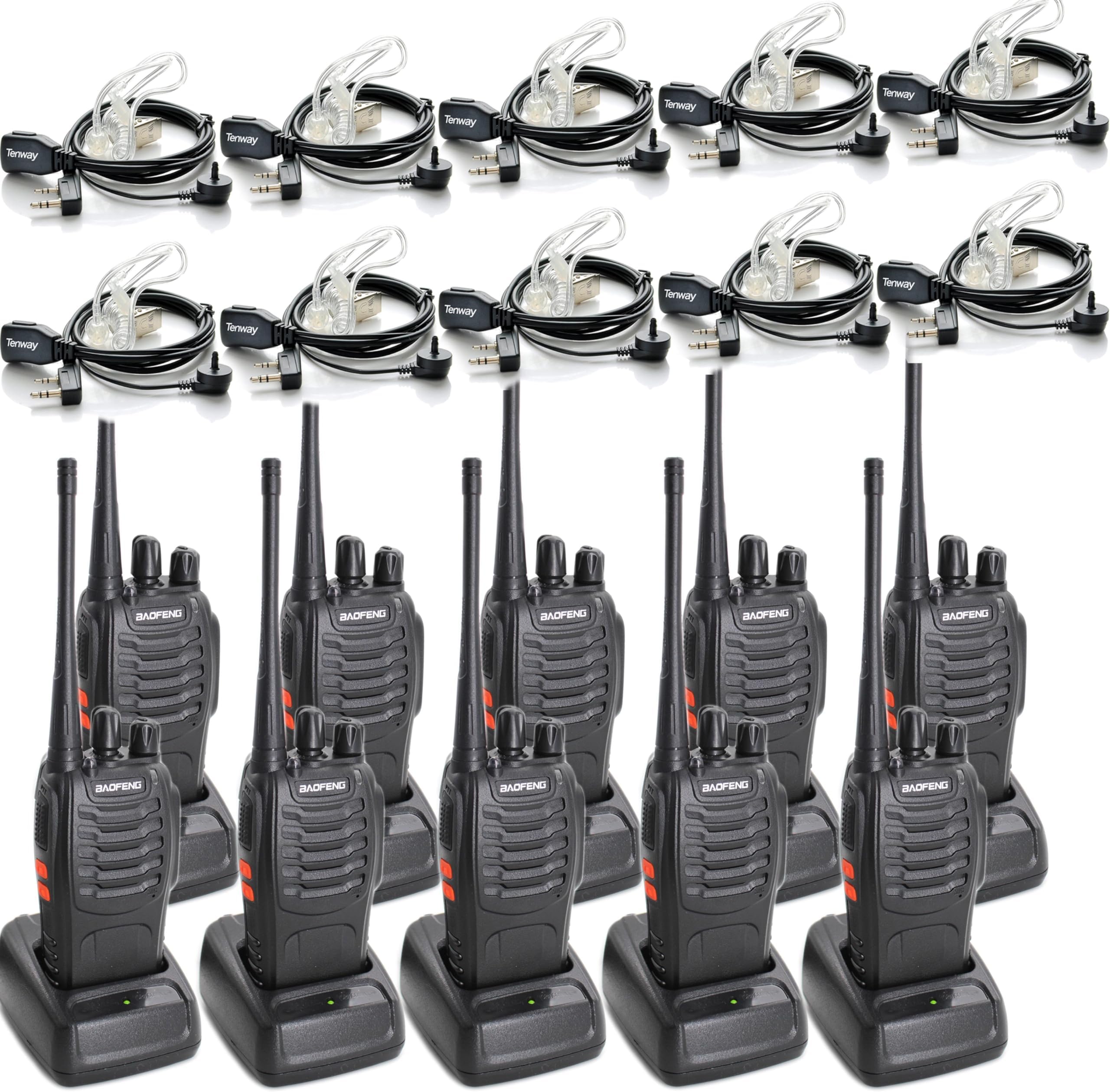 BF-888S Walkie Talkies for Adults Rechargeable Long Range 16 Channel Professional Walky Talky and Security Headphones Flashlight Li-ion Battery and Charger (10 Pack)