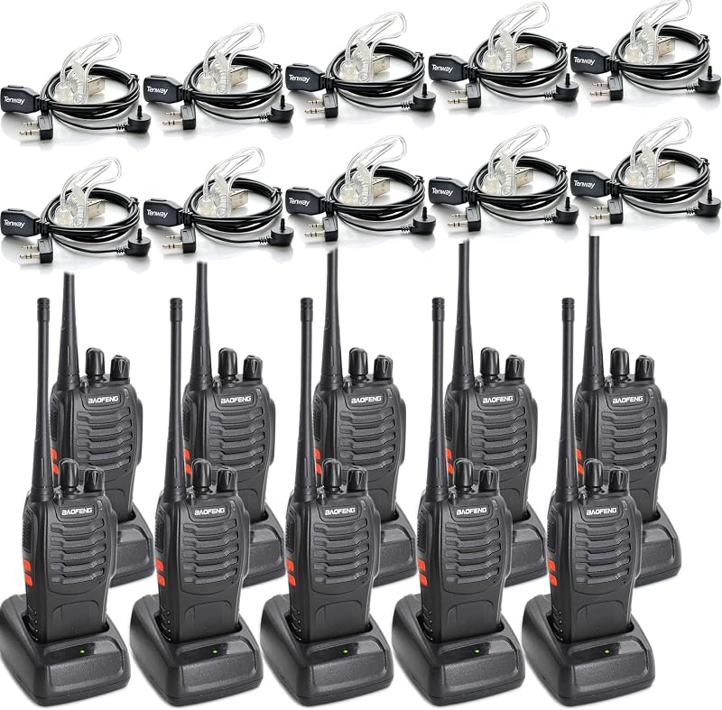 BF-888S Walkie Talkies for Adults Rechargeable Long Range 16 Channel Professional Walky Talky and Security Headphones Flashlight Li-ion Battery and Charger (10 Pack)