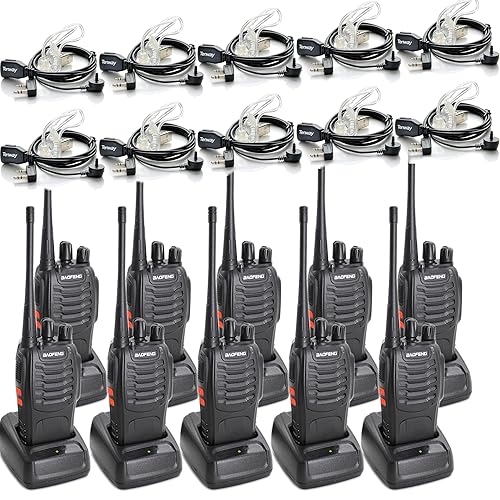 BAOFENG BF-888S Walkie Talkies for Adults Rechargeable Long Range 16 Channel Professional Walky Talky and Security Headphones Flashlight Li-ion Battery and Charger (10 Pack)
