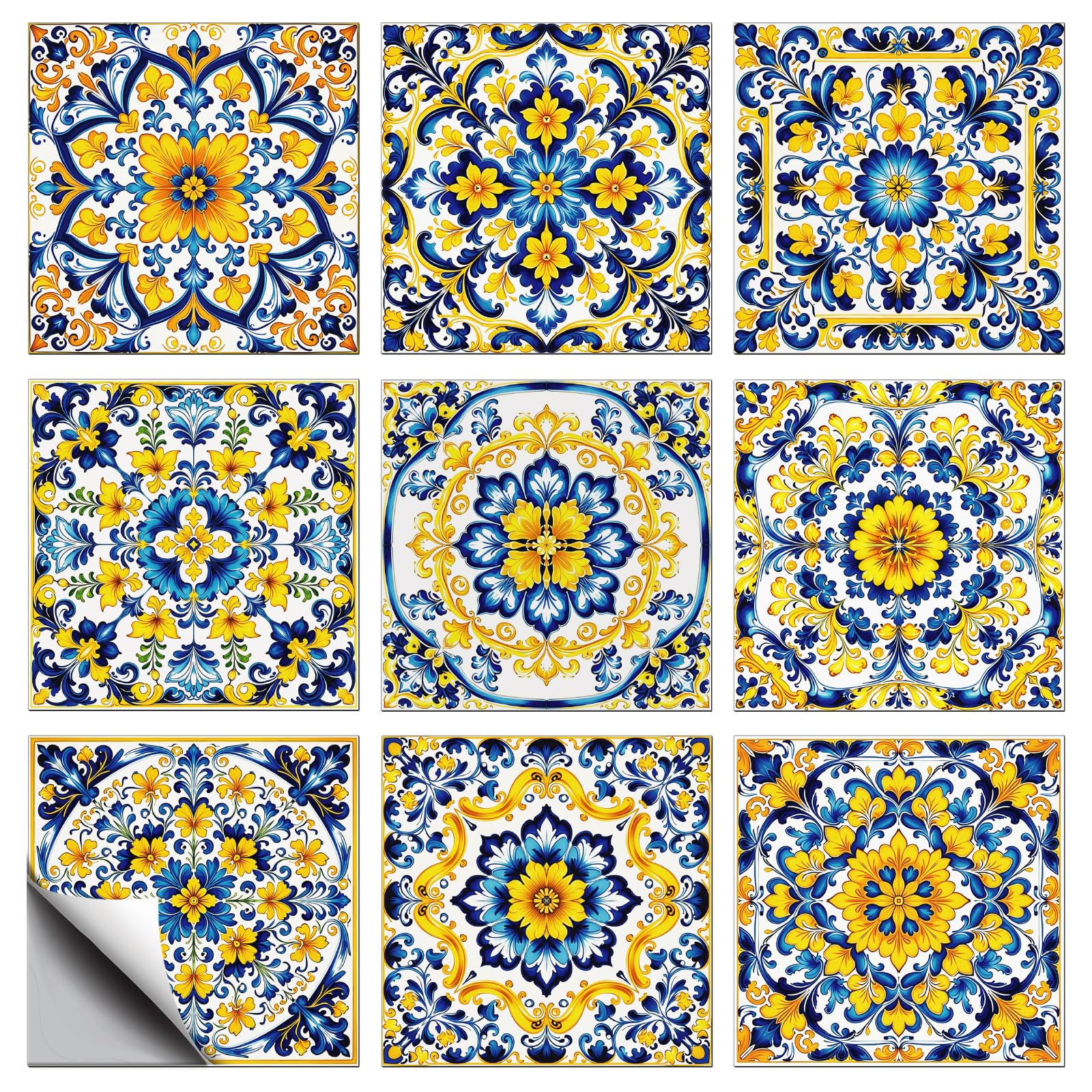 CONCHLERY 36 Pcs 9 Styles Blue Portuguese Vintage Floral Peel and Stick Tile Stickers Waterproof Self Adhesive Decals, for Kitchen Bathroom Home Wall Art Decor 4x4 Inch — image 1