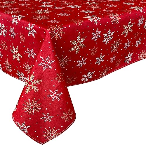 Miniatura 7 de Mantel navideño de tela de copo de nieve rojo con diseño de copos de nieve, color rojo, dorado y blanco, 60 x 84 pulgadas, rectangular, rectangular
