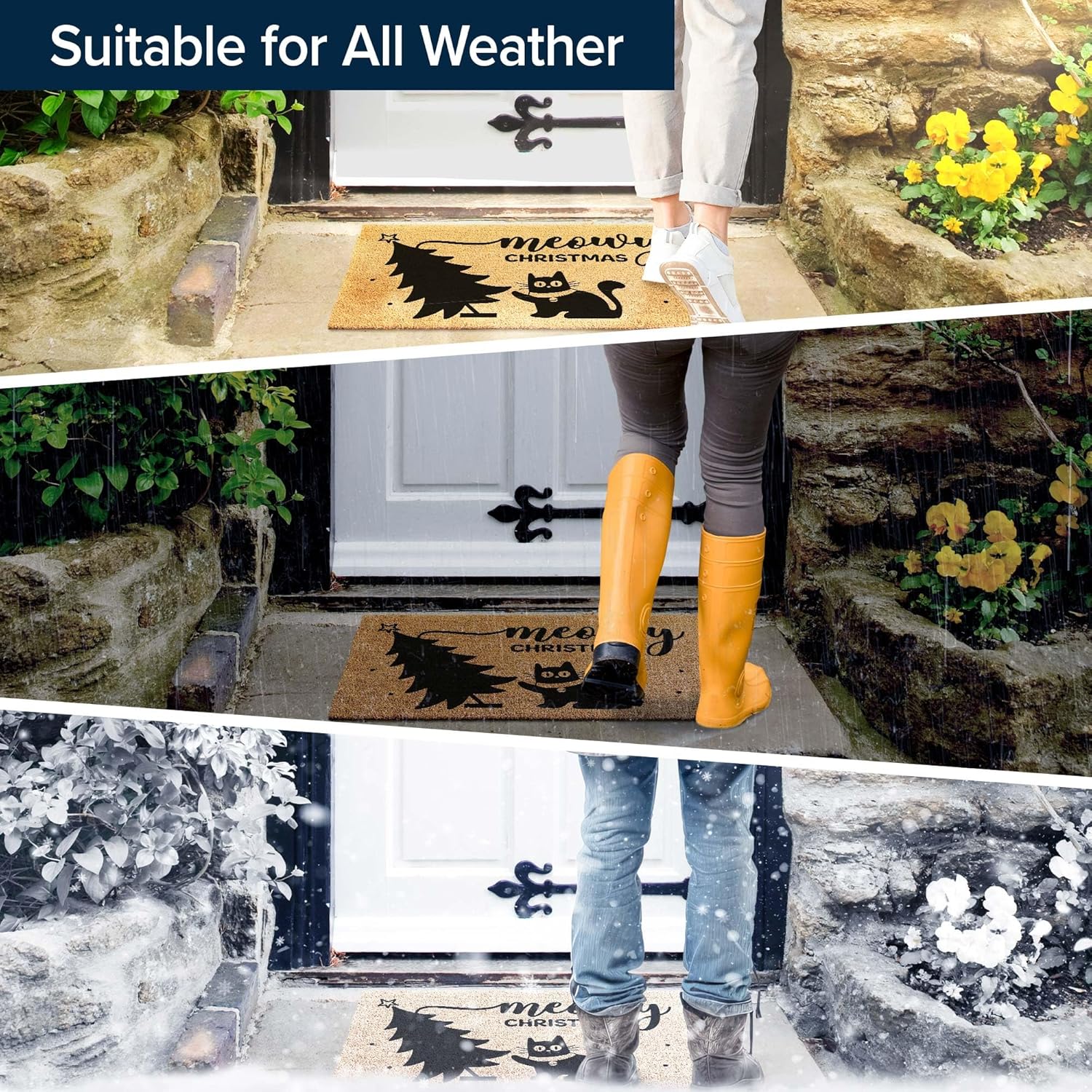 Coir Doormat Christmas Cat Front Door Mat Indoor/Outdoor Heavy Duty Backing, 18x30" Inches, Coir Material, Made by My Sign Center