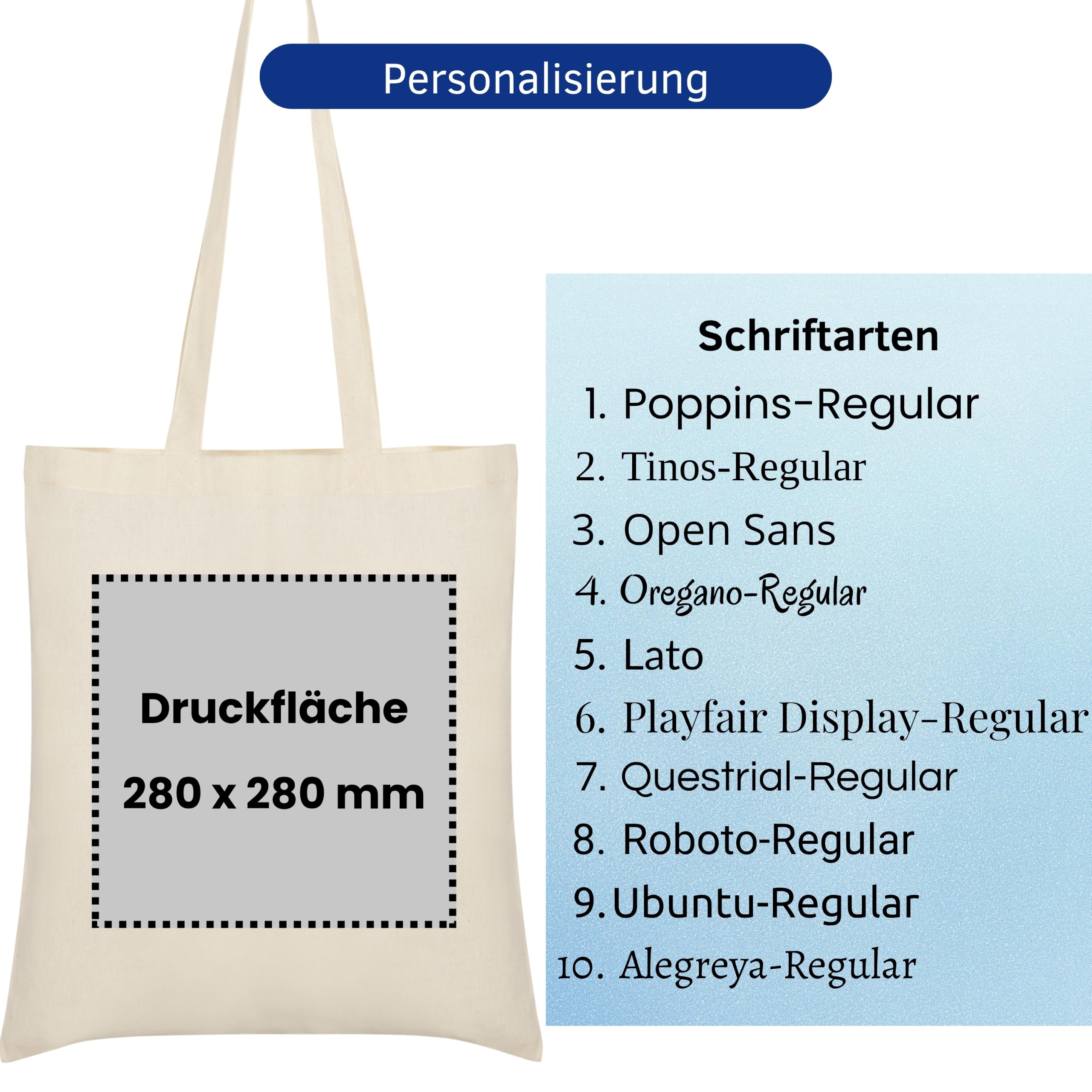 Generisch Personalisierte Baumwolltasche aus 100% Baumwolle - 10 | 20 | 50 | 100er Pack, Stoffbeutel mit langen Henkeln, Jutebeutel bedruckt mit Namen oder Wunschtext